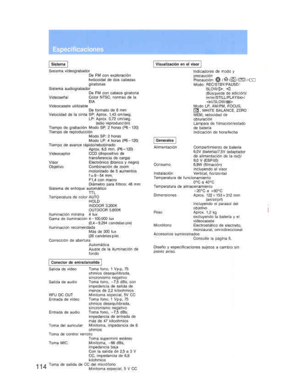 Específicacíonas, Visiulmcmfl «n «i vuor | Sony CCD-F36 User Manual | Page 142 / 156