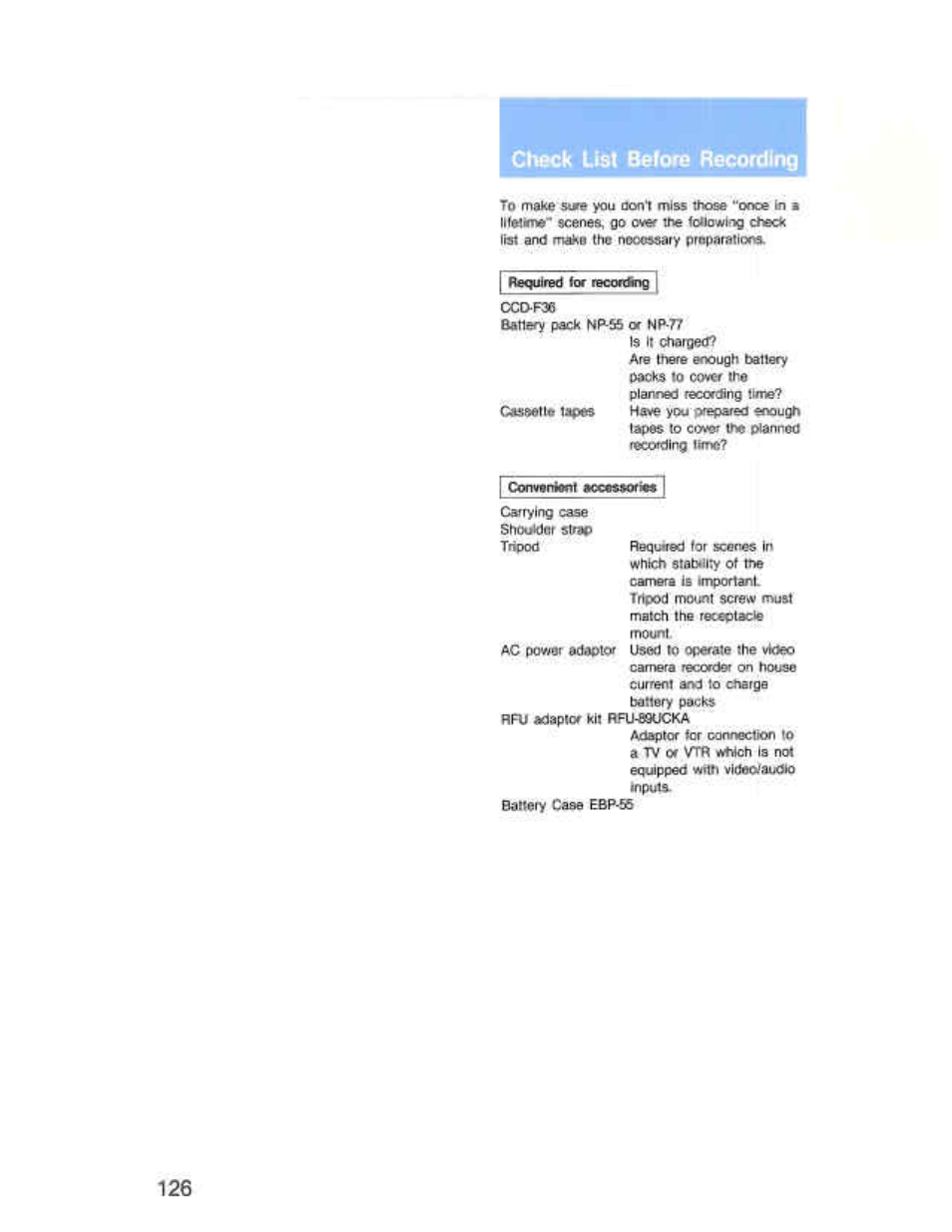 Is it charged, Shoukktr srap, Checi) list before recording | Sony CCD-F36 User Manual | Page 154 / 156