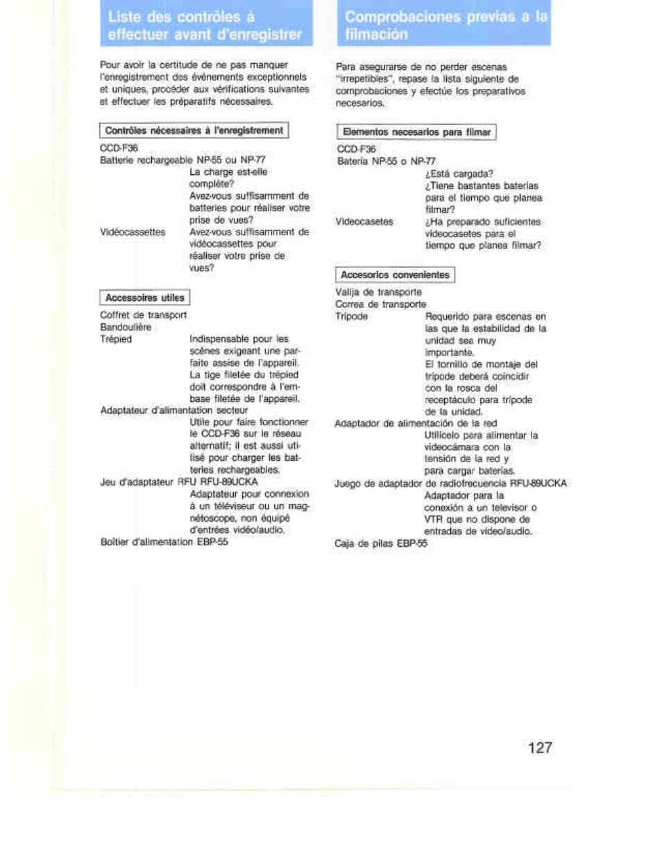 Usie des contrâtes á effectuer avant d'enregistrer, Comprobaciones previas a iilmeoéée, Comprobaciones previas a la filmación | Lste des contrôtea à effectuer avant | Sony CCD-F36 User Manual | Page 155 / 156