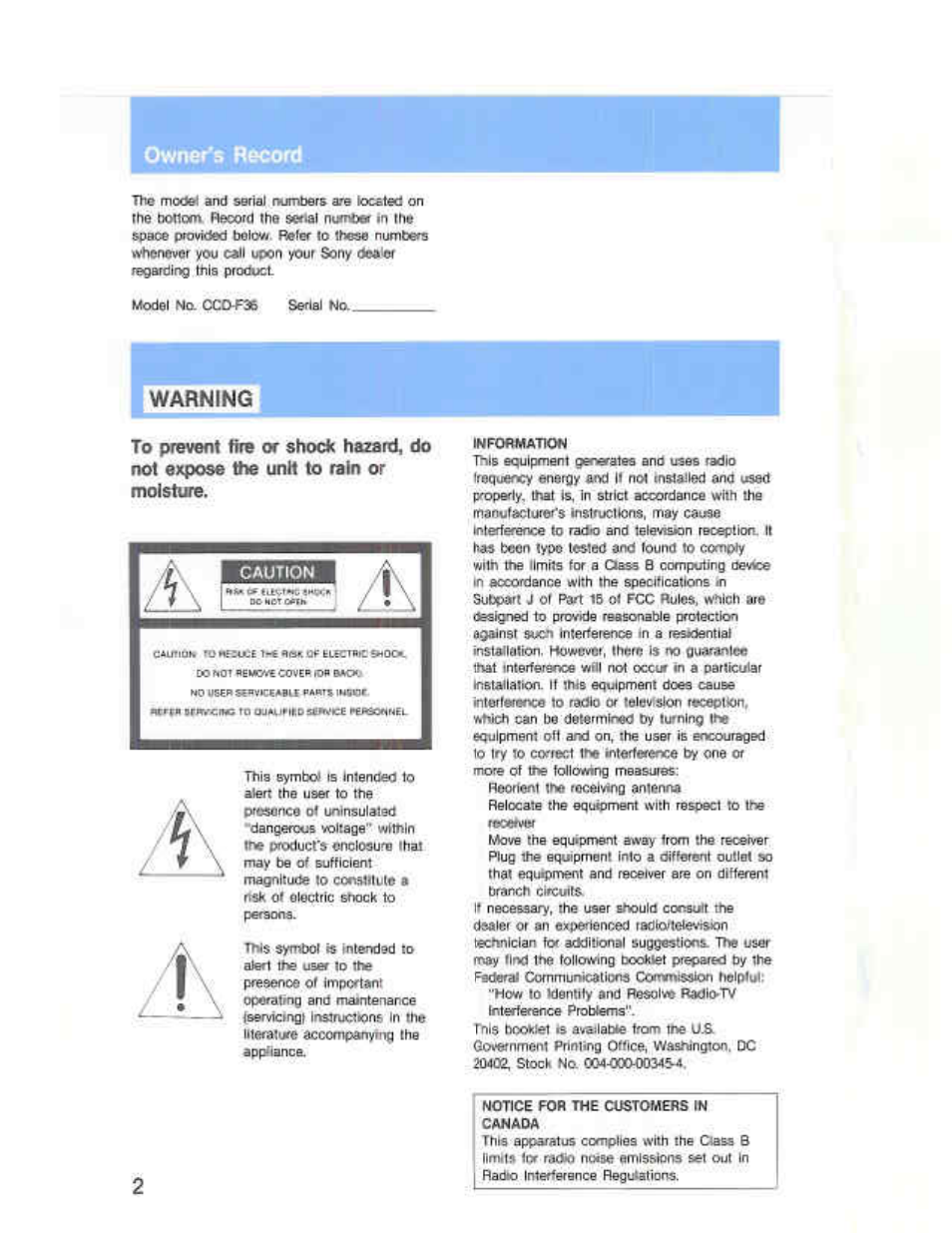 Owner's record, Frequency energy №d ii not installed and used, 10 iry to correct the interference by one or | Tiranch circuts, Caution, Frequency energy № d ii not installed and used, Iry to correct the interference by one or | Sony CCD-F36 User Manual | Page 2 / 156