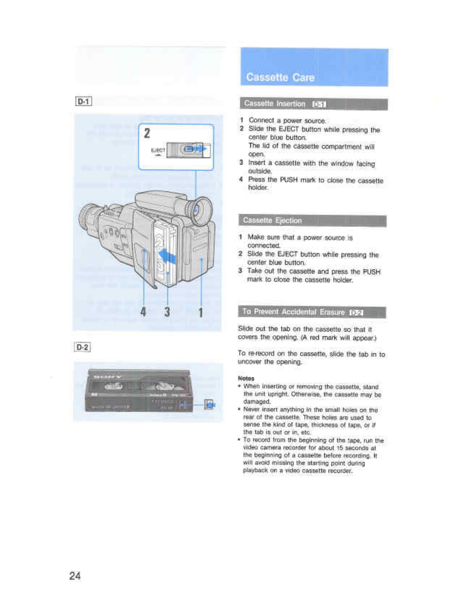 Cassette care | Sony CCD-F36 User Manual | Page 24 / 156