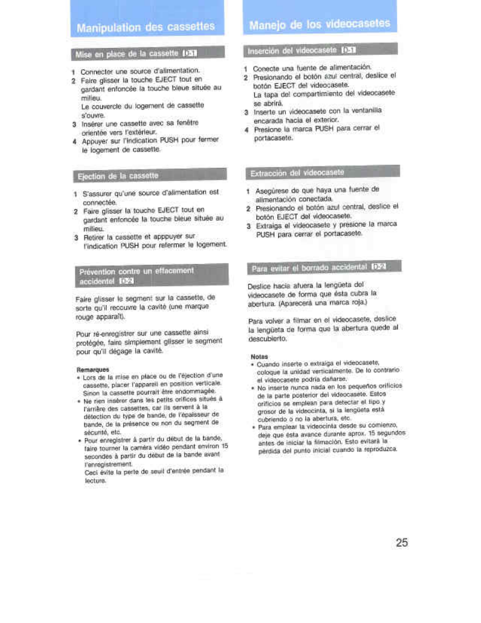 Qecton de la casaelle, Extneciôn (tel vkteocaséld, Prévention conti« un etfscemonl accidentel rki | Para evitai ei borrado acdderrui [qp1 | Sony CCD-F36 User Manual | Page 25 / 156