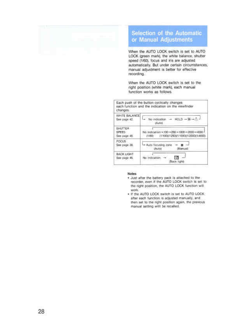 Seiecllon of the automatic or manual adjustments | Sony CCD-F36 User Manual | Page 28 / 156