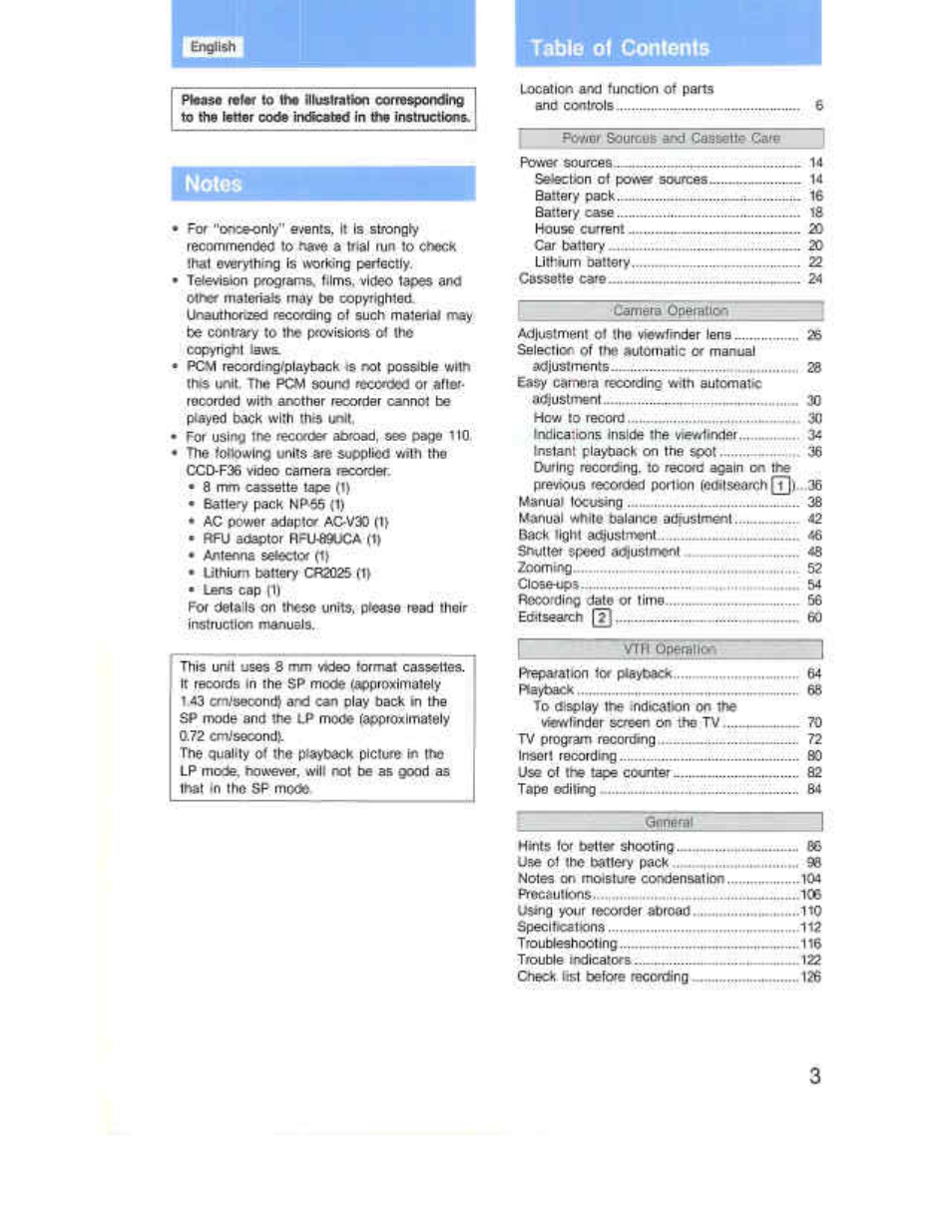 Tabie of coniente | Sony CCD-F36 User Manual | Page 31 / 156