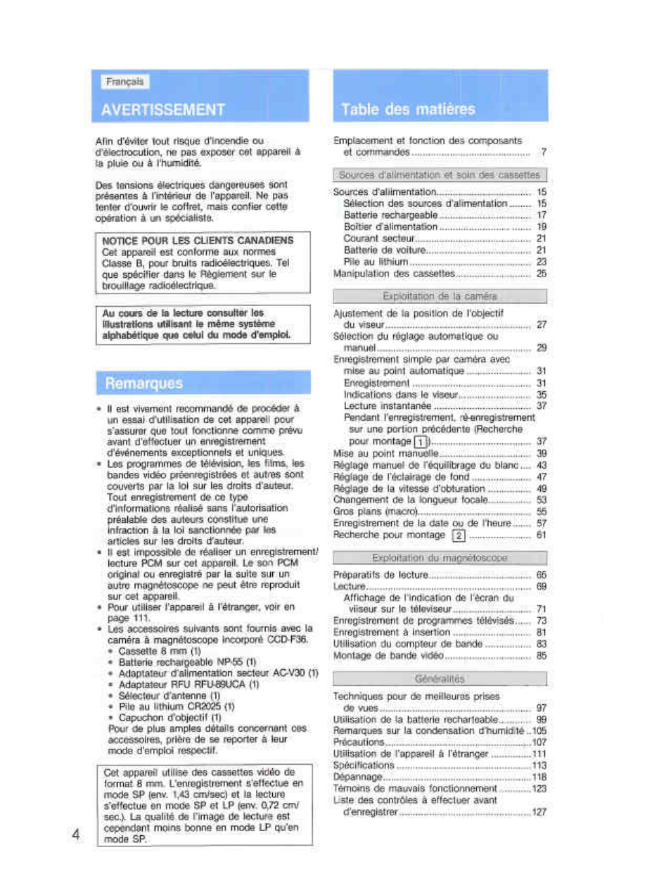 Aveimssement, Table des malières, Aveimssement table des malières | Sony CCD-F36 User Manual | Page 32 / 156