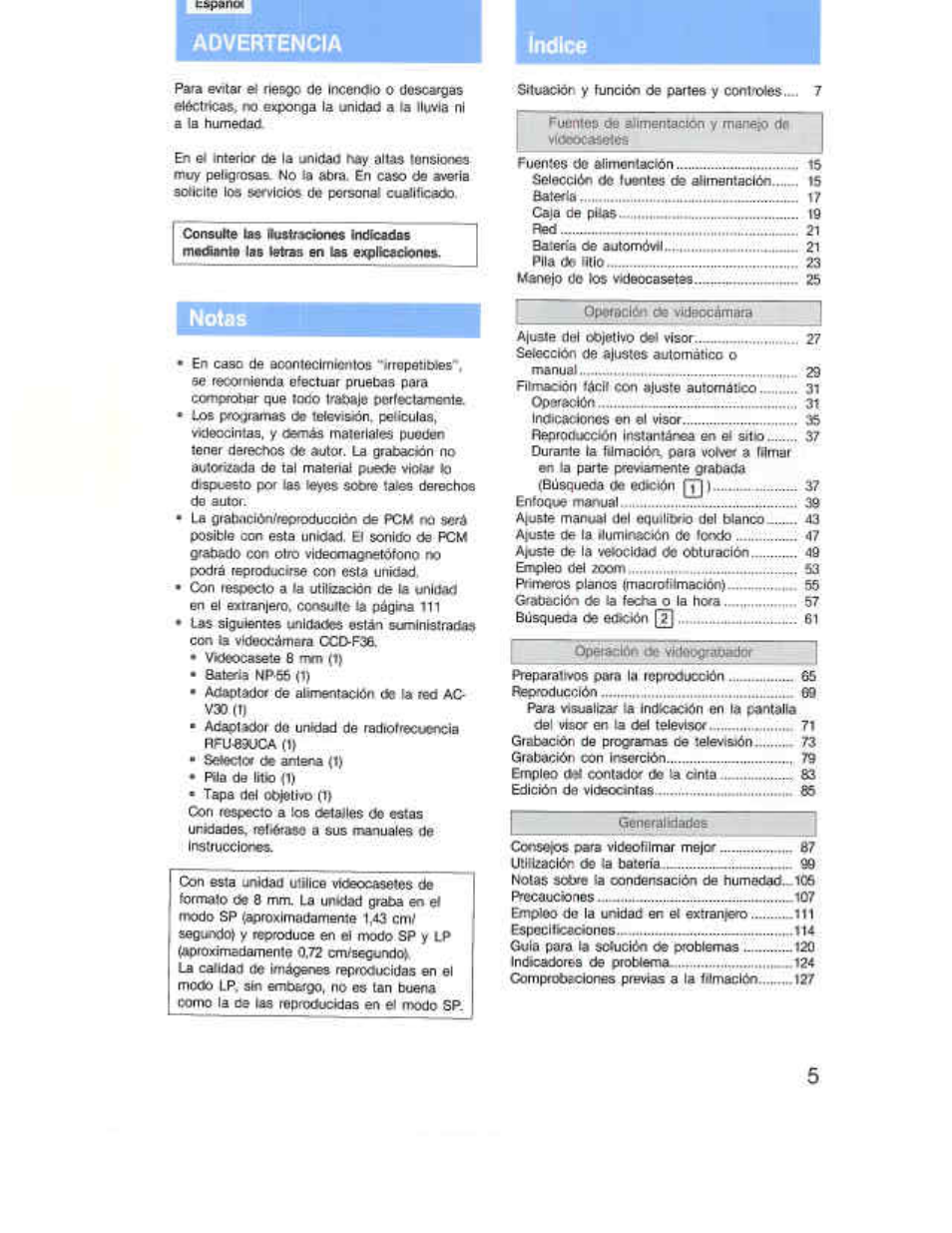 Advertencia, Indice | Sony CCD-F36 User Manual | Page 33 / 156