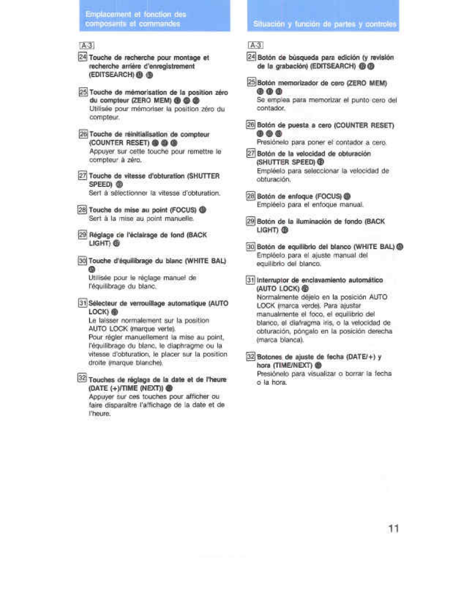 Enptacomsnt et (onction on composent* et comnrendh, 1^ régisga de l'édétrsge de fond (back, Hjjséledeur de venouibsoe eutomstique (auto | Se empea para memorizar el punto i^eio del | Sony CCD-F36 User Manual | Page 39 / 156