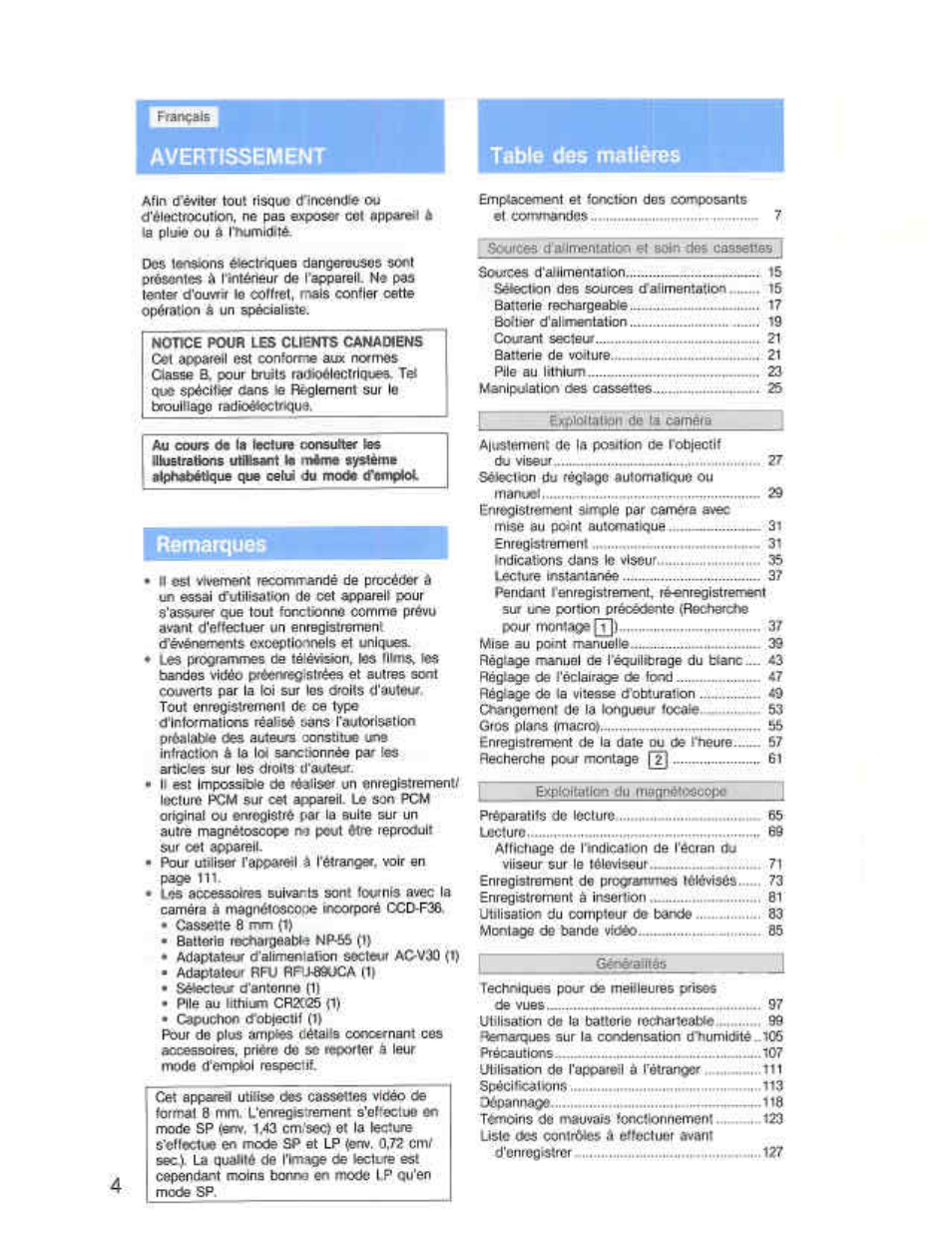 Avertfssem0ít, Tet^ des mçlières, Notke poor les clients canadiens | Courant seasur, Les iccéâso№ s bulvaris sont fournis avec la, Avertfssem, Ít tet^ des mçlières | Sony CCD-F36 User Manual | Page 4 / 156