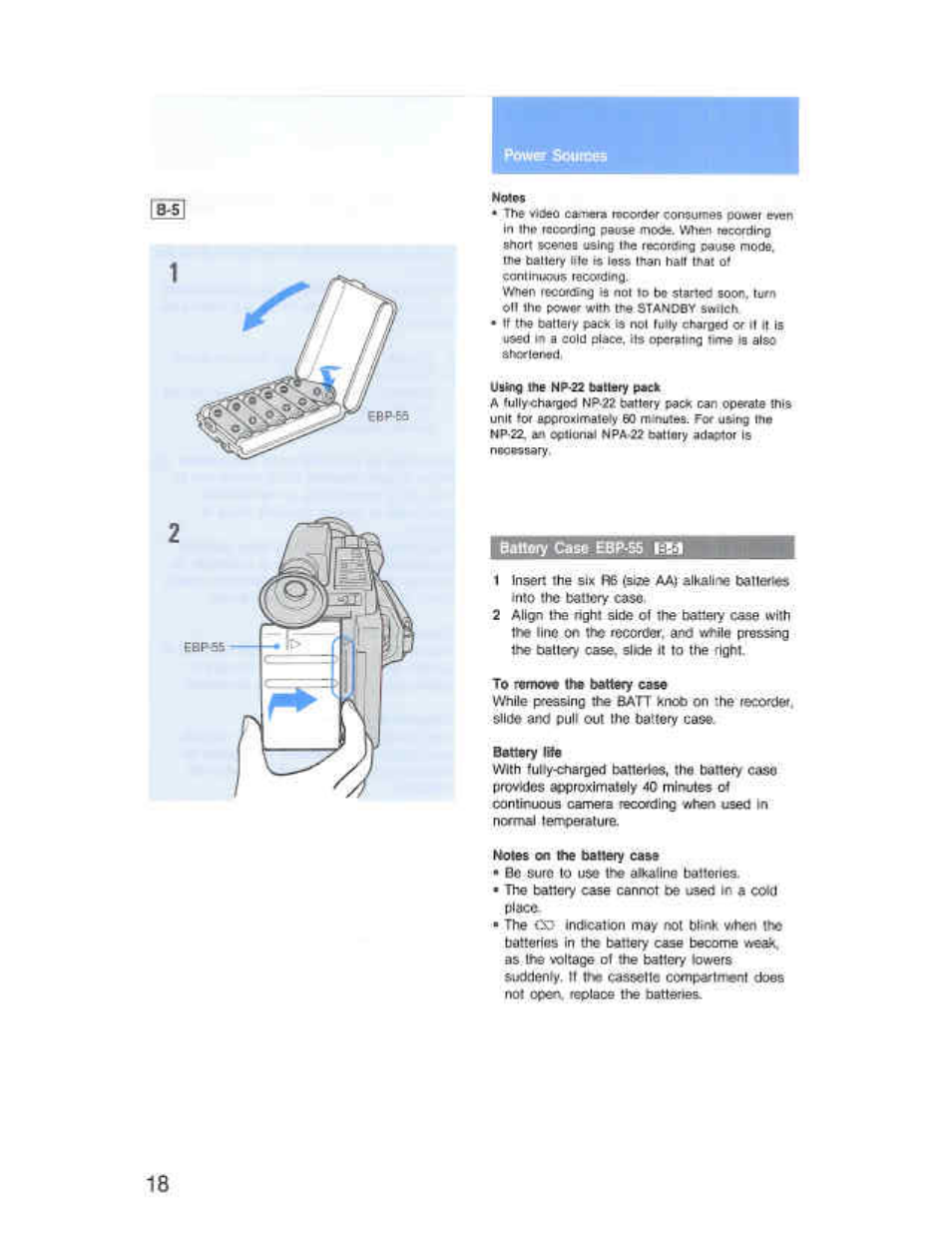 Bettwy cass ebp'55, 2 align №e right site ot the betieiy case with, Battery lite | The battery case cannot oe used in a cou place | Sony CCD-F36 User Manual | Page 46 / 156