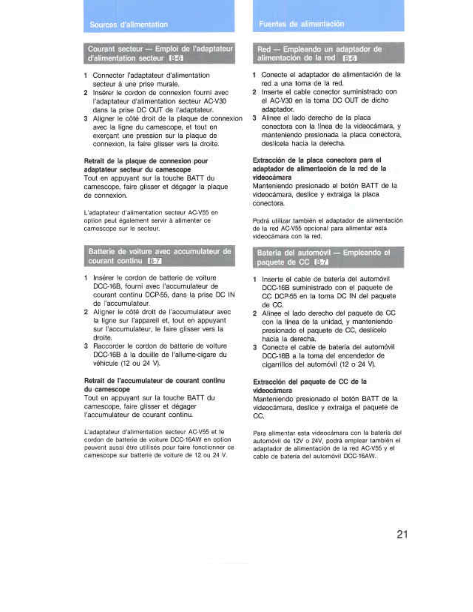 Sources cfalltnentfltton, Ei ac-v30 4ю la toma dc out de dí | Sony CCD-F36 User Manual | Page 49 / 156
