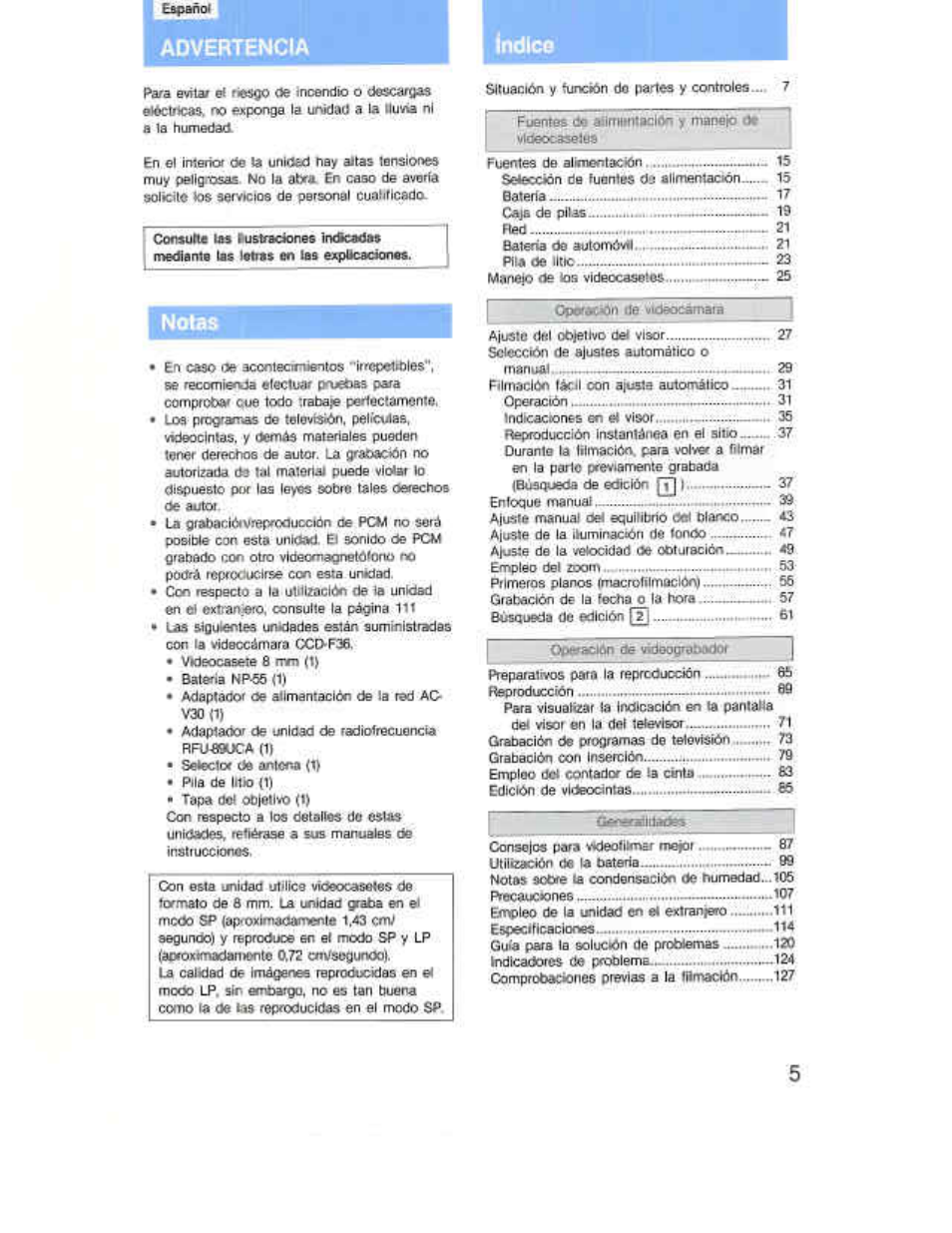 Advertencia, Notas, Indice | Sony CCD-F36 User Manual | Page 5 / 156