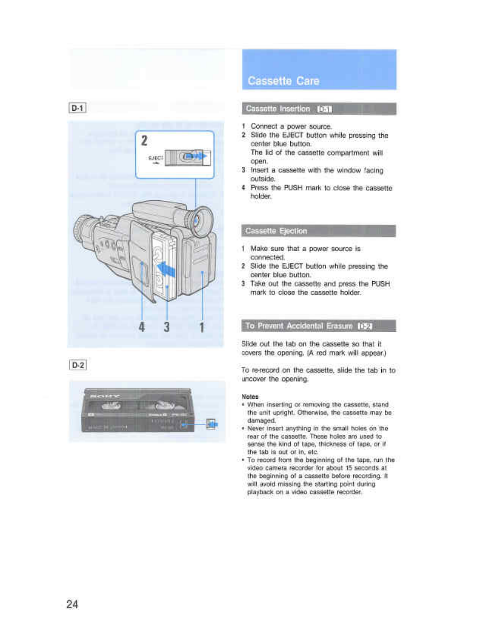 Cassette care, Cassette insertion libi, Cassette ejeciion | To prevent acddenlal &asura 1.09 | Sony CCD-F36 User Manual | Page 52 / 156