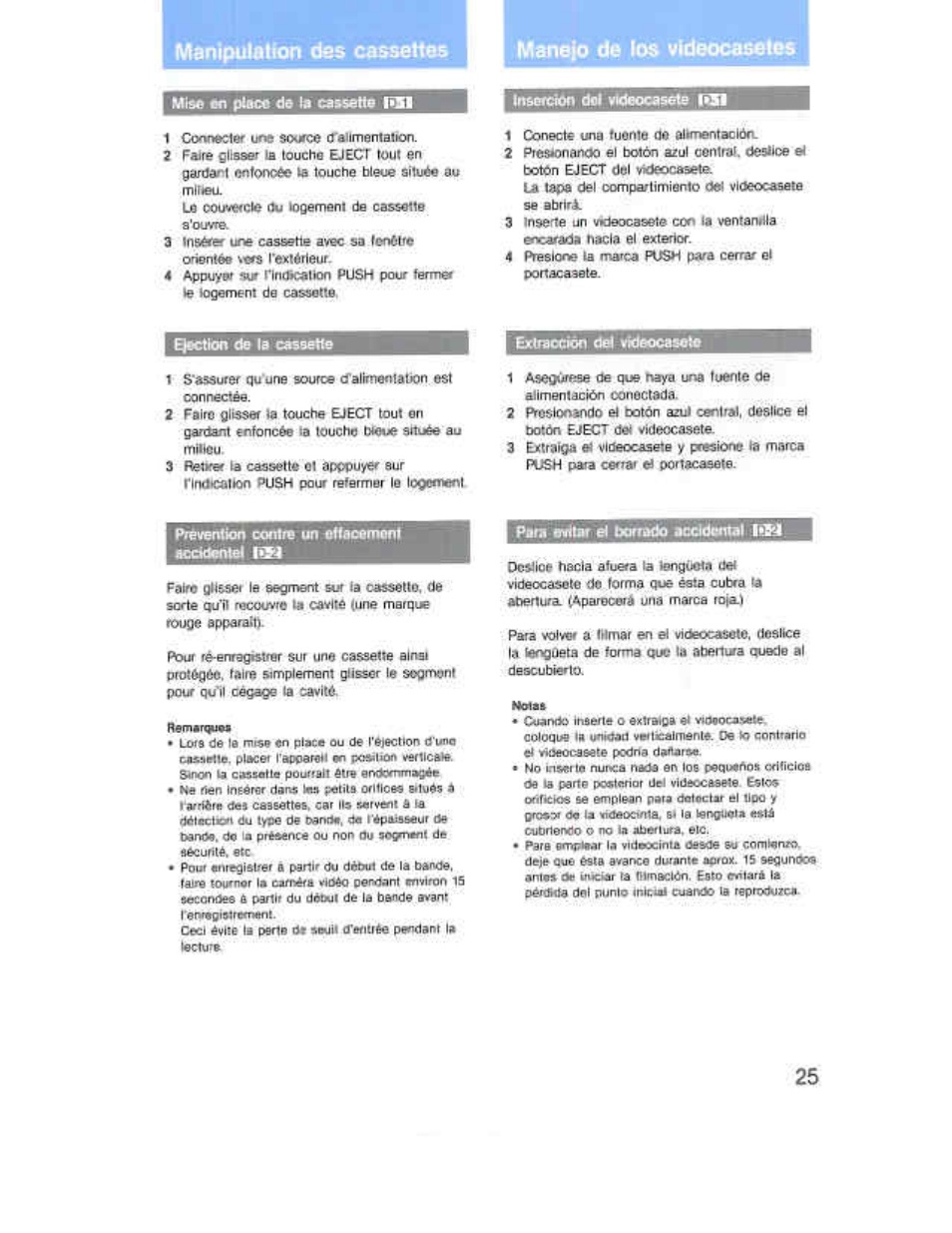 Manipulahon des cassettes, Maneio de los videocasetes, Mh« an piece do la cassette f | L9 couvercle du lodemem de cassette, Insercîm dol videocasete rsi, Ktion de ib cassette, Exttseciôn del vidbocaseie, Prevention contre un otteoemont, Pan ewtar el borrado acddorttal iffîl, Manipulation des cassettes | Sony CCD-F36 User Manual | Page 53 / 156