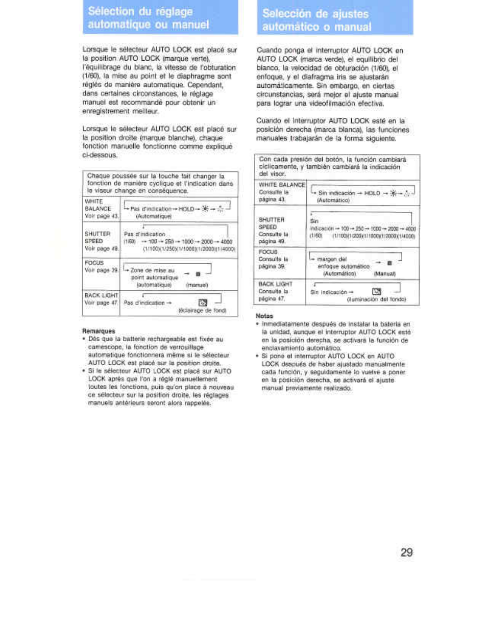 Sélection du réglage automatique ou manuel, Selección de ajustes automático o manual | Sony CCD-F36 User Manual | Page 57 / 156