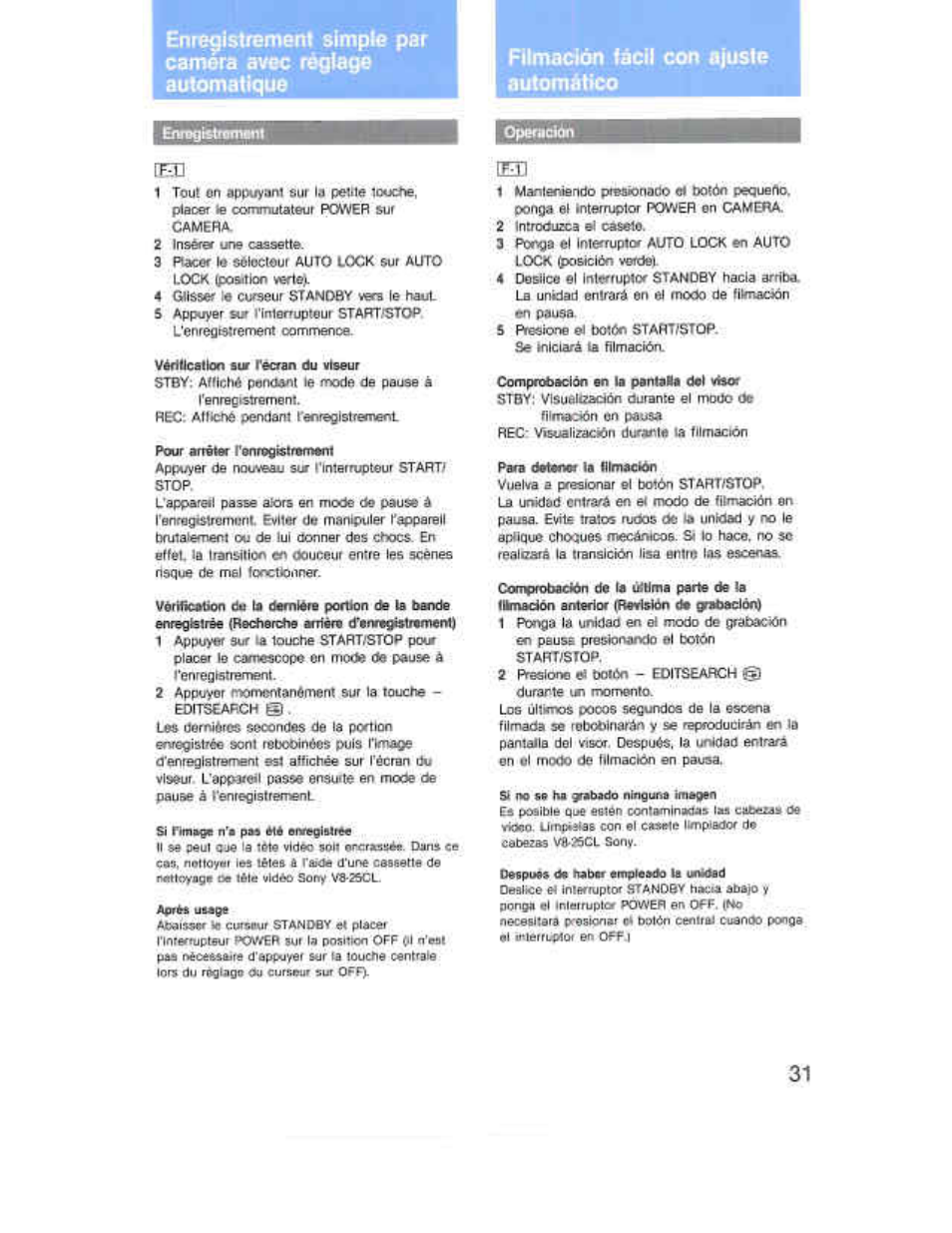 Filmación fácil con ajuste automático, Emgistraftient, Ponga él interruptor power on cam | Deslice el irierrupior standby hacia abero y, Rimaciói lách con ajuste automáüco | Sony CCD-F36 User Manual | Page 59 / 156