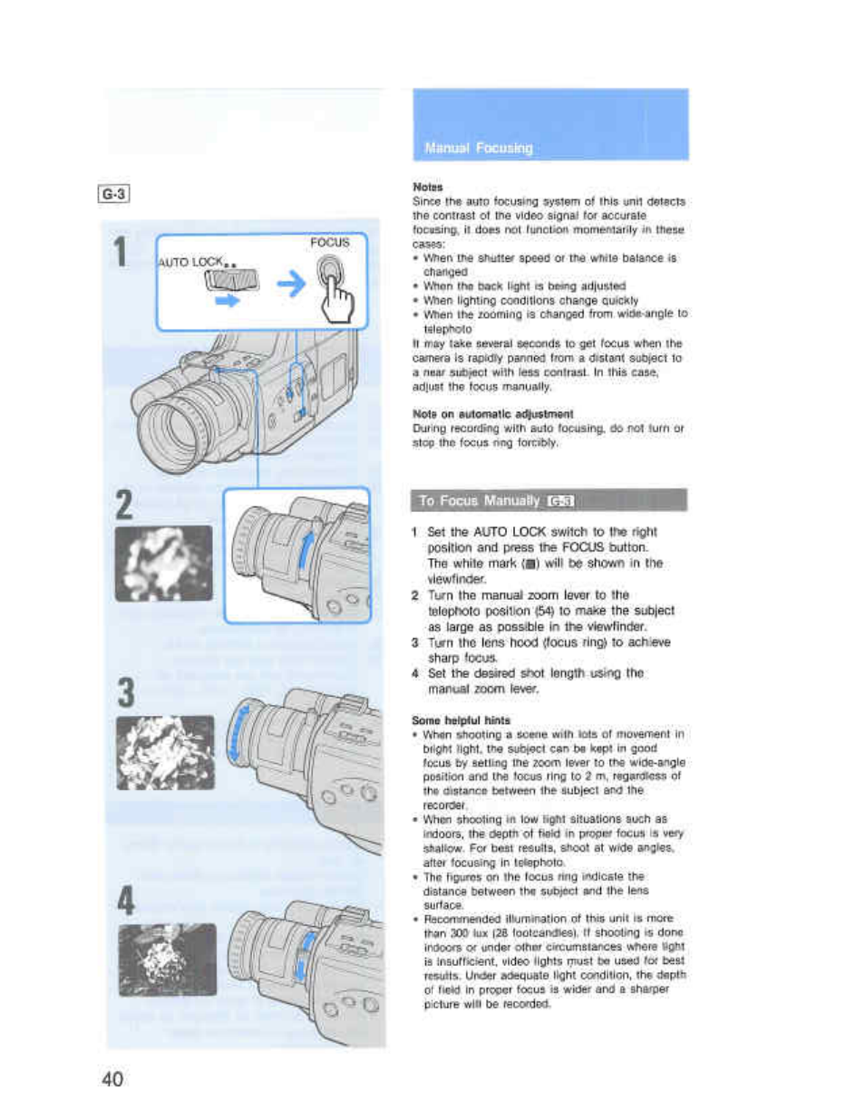 Мвпю1 pocuiing, To focus manueby | Sony CCD-F36 User Manual | Page 68 / 156