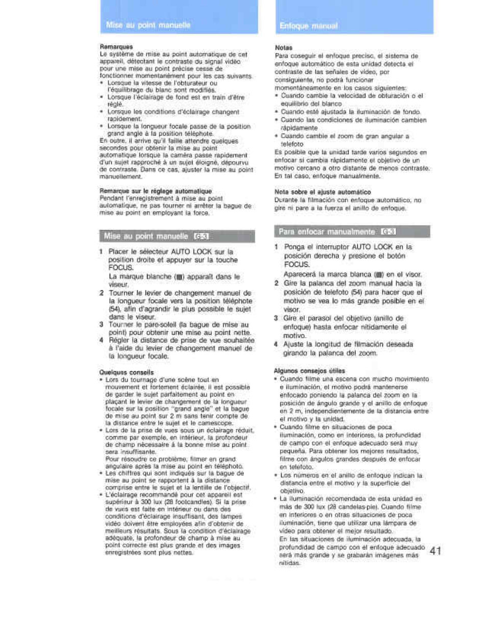 I6qie, Mise mi роы manuelle (c6i, Para enfocar manualmonta ksi | Sony CCD-F36 User Manual | Page 69 / 156