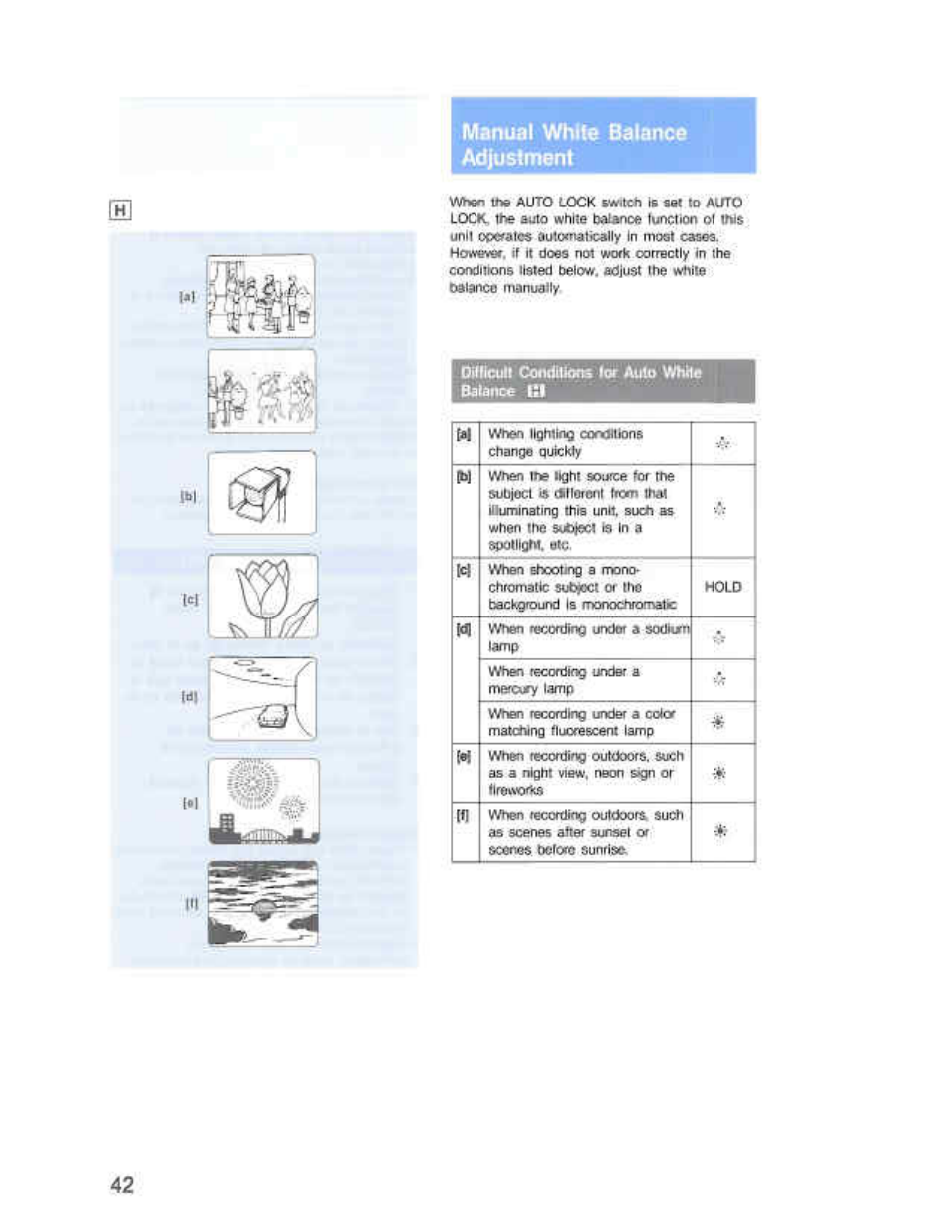 Manual while balance adjustment, Oiuicull conditions lor auto whhe batanee 111, Manual while balance oc^slmeni | Sony CCD-F36 User Manual | Page 70 / 156
