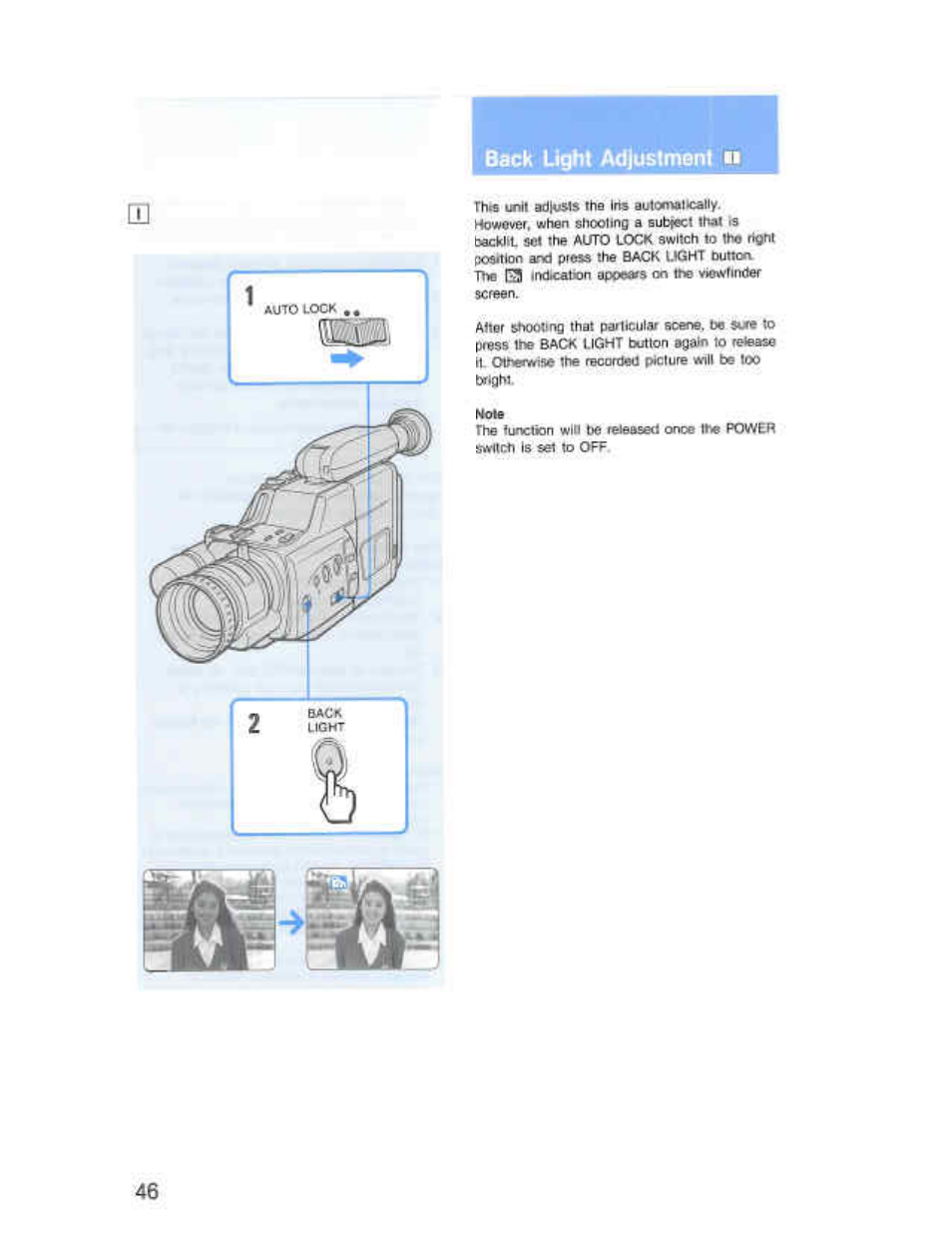 Back light adjustment | Sony CCD-F36 User Manual | Page 74 / 156