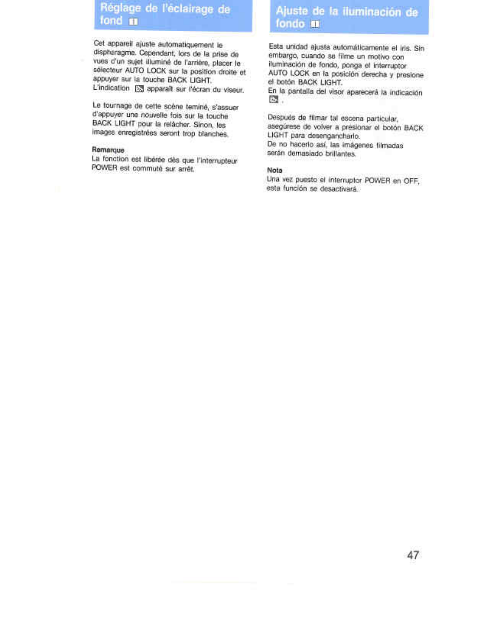 Réglage de l’écidirage de fond 11, Ajuste de la iluminación de fondo n, Ajuste de la ihiminacióri de (ondo | Réÿoge de l'édairage de lond, Réglage de l’écidirage de fond | Sony CCD-F36 User Manual | Page 75 / 156