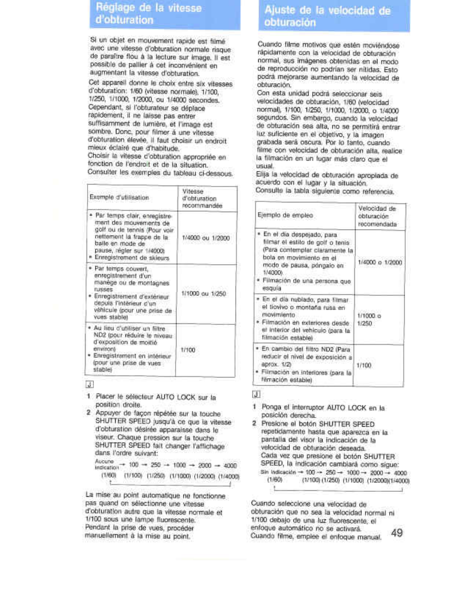 Réglage de la vitesse d'obturation, Ajuste de la velocidad de, Réglage de la \ilasse d'obturation | Sony CCD-F36 User Manual | Page 77 / 156