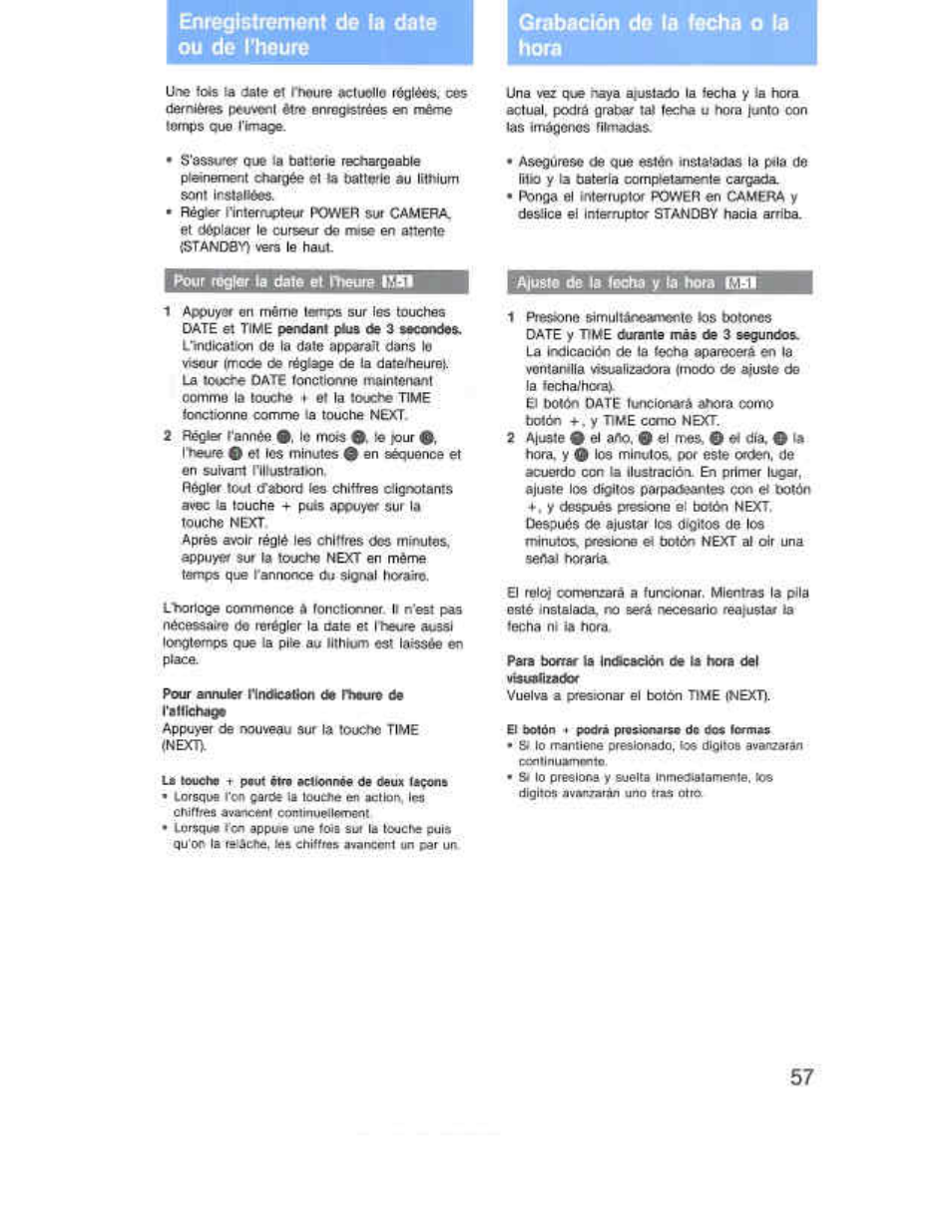 Enregistrement de fa date ou de l'heure, Grabación do ta fecha о la hora, Ajusfé ée ie (ocha y la hora спп | Enregistrement de la date ou de i*neur6, Grabacián de la techa o la hora | Sony CCD-F36 User Manual | Page 85 / 156