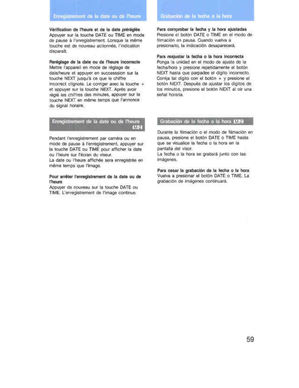 Efioflttiwtnant dtp'll list* ou tfe rheum, Gratnkion <to li (flohe о i« hora, Btísgisfremen! de la date ou de пюше | Rheuie, Grabacmn de la fecha о la hora, Grabación de la fecha o la hora | Sony CCD-F36 User Manual | Page 87 / 156