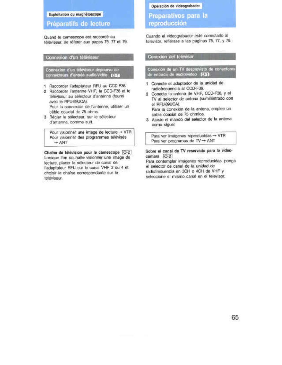 Préparatifs de lecture, Preparativos para la reproducción, Preparativos oara la repreduedón | Sony CCD-F36 User Manual | Page 93 / 156