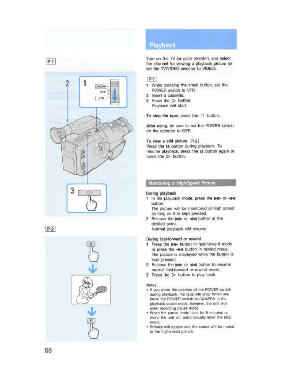 Playback, 3 press the > bulton, To t4«w • am ptelute fp?l | Monhorlni i high-speed picture, Deseed point | Sony CCD-F36 User Manual | Page 96 / 156