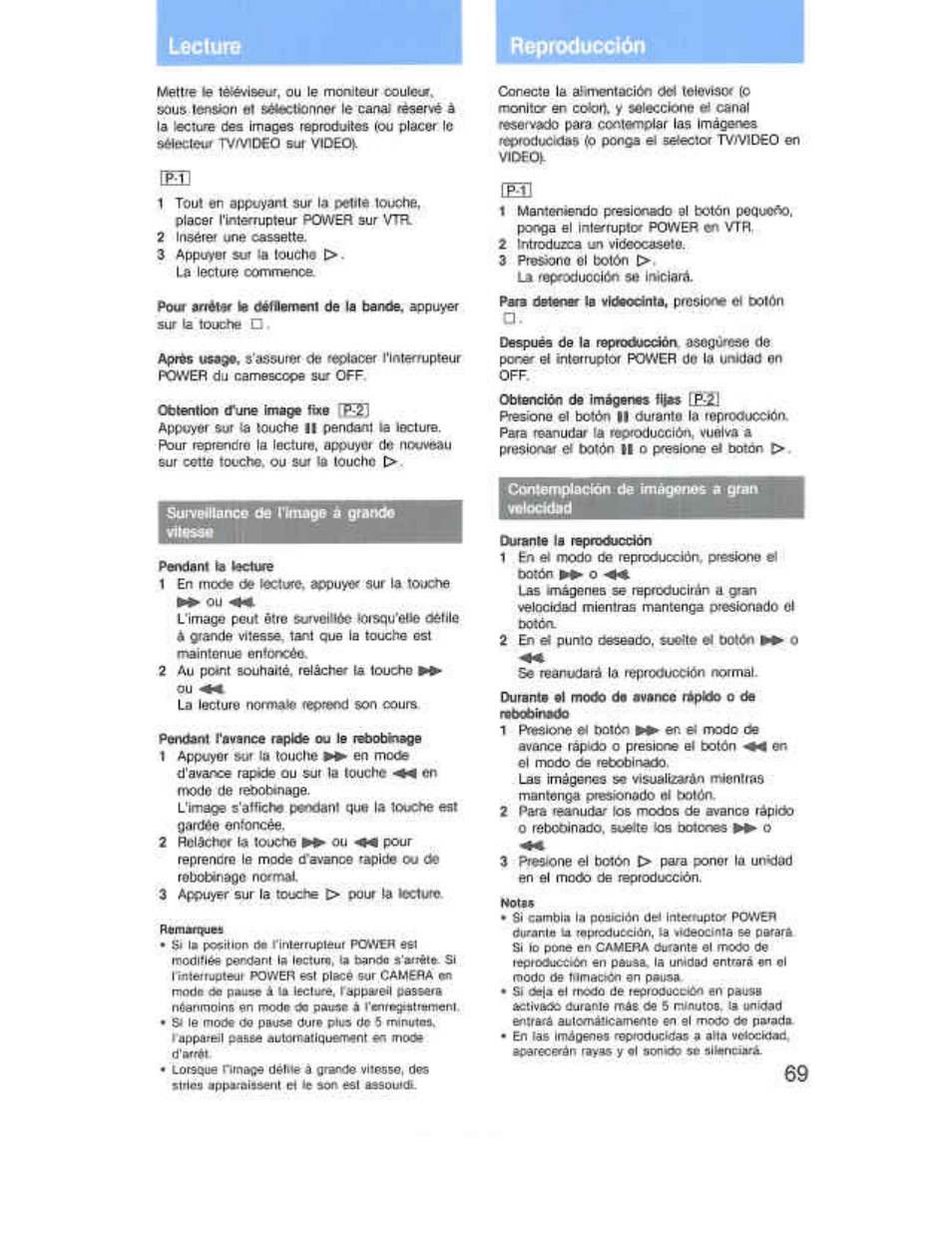 Reproctucctòn, 1 tcul en appvyant sur 1э oeiile loitche, Suivetllancc de l'bnago e grande | Conlempleción de imágenes a gran vttkkfctoc, Lecture reproctucctòn | Sony CCD-F36 User Manual | Page 97 / 156