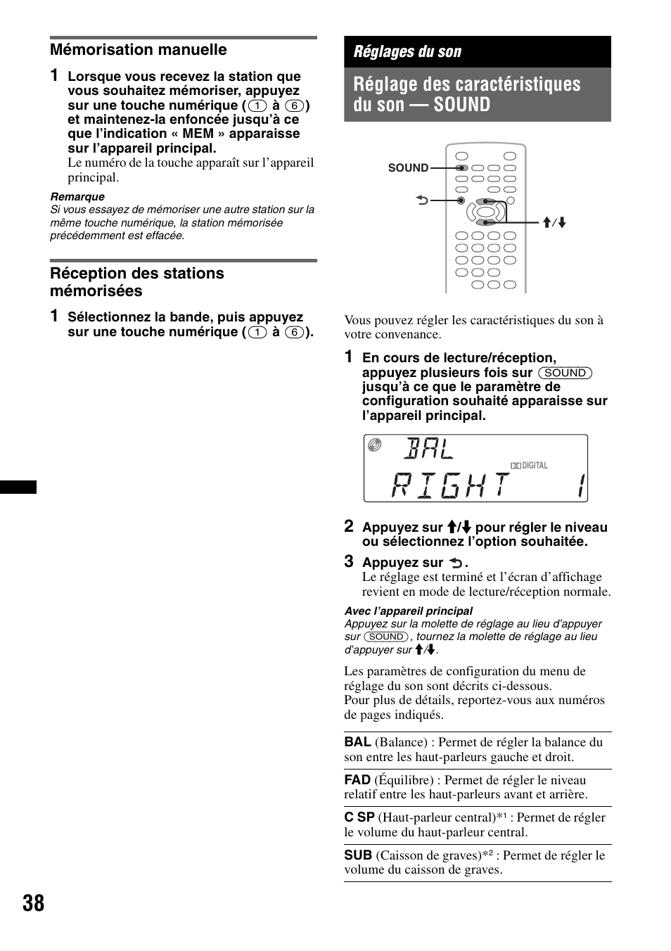 Mémorisation manuelle, Réception des stations mémorisées, Réglages du son | Réglage des caractéristiques du son - sound, Réglage des caractéristiques du son — sound | Sony MEX-DV2200 User Manual | Page 100 / 192