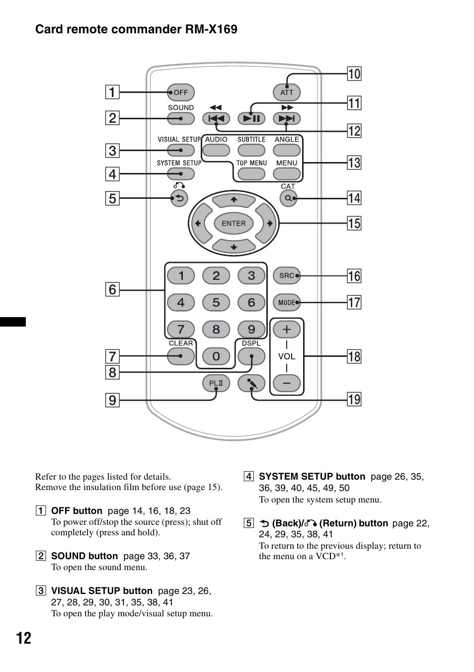 Card remote commander rm-x169 | Sony MEX-DV2200 User Manual | Page 12 / 192