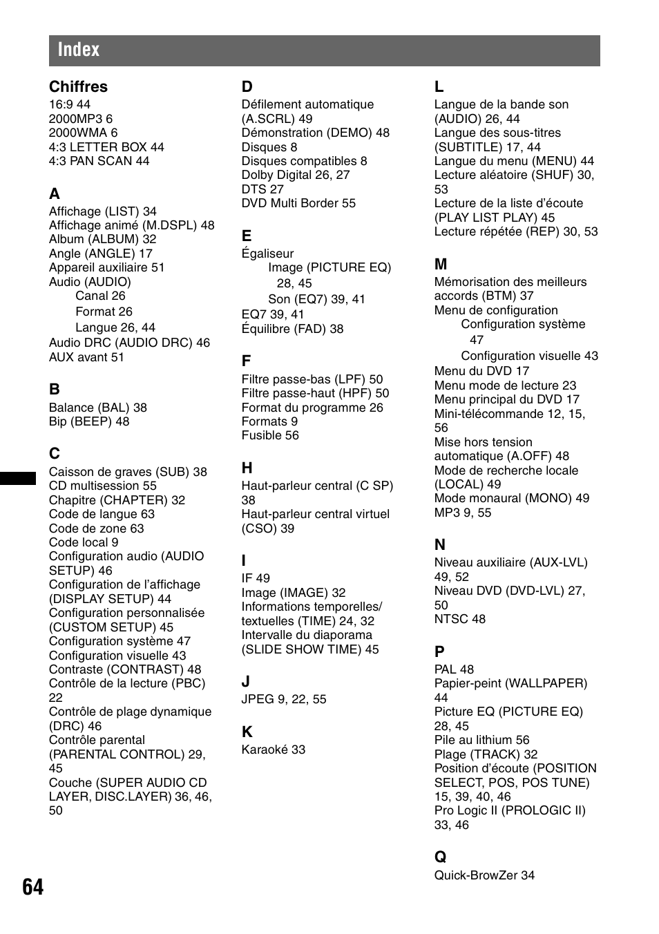 Index | Sony MEX-DV2200 User Manual | Page 126 / 192