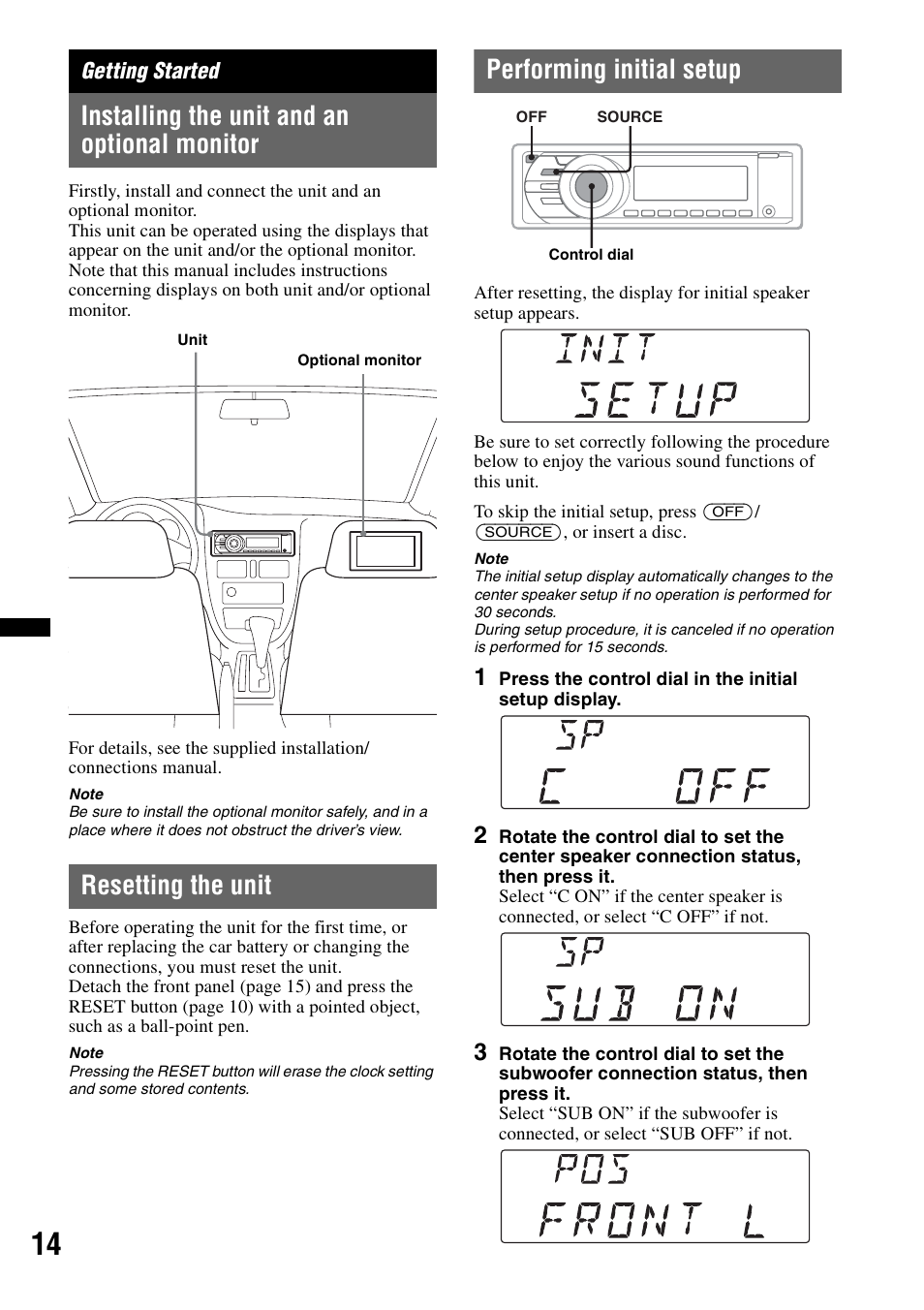 Getting started, Installing the unit and an optional monitor, Resetting the unit | Performing initial setup | Sony MEX-DV2200 User Manual | Page 14 / 192