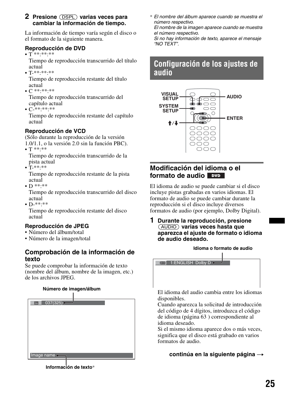 Configuración de los ajustes de audio, Modificación del idioma o el formato de audio | Sony MEX-DV2200 User Manual | Page 151 / 192