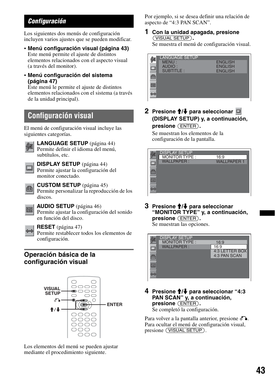 Configuración, Configuración visual, Operación básica de la configuración visual | Sony MEX-DV2200 User Manual | Page 169 / 192