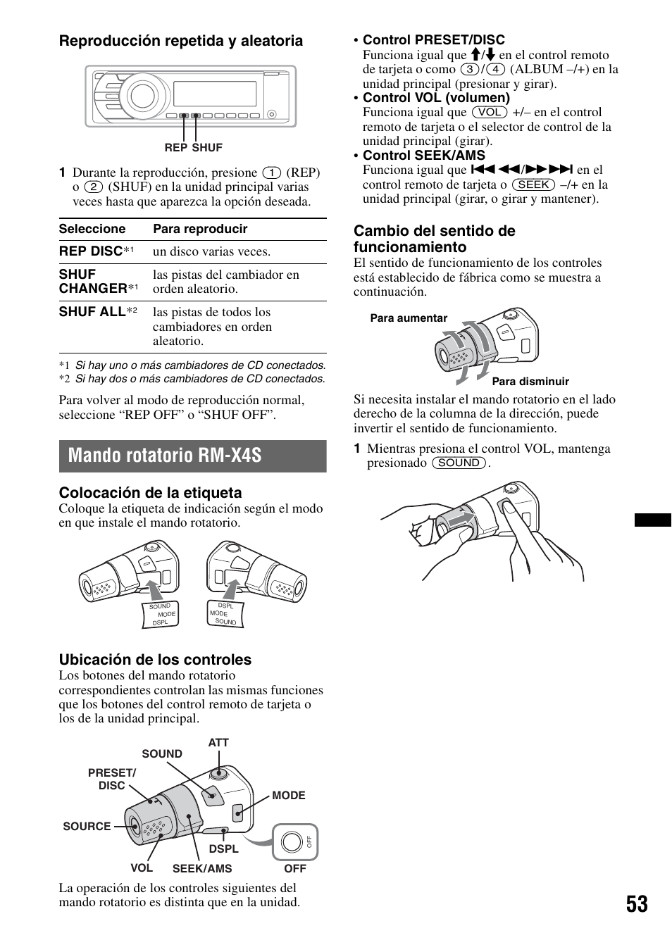 Mando rotatorio rm-x4s, Reproducción repetida y aleatoria, Colocación de la etiqueta | Ubicación de los controles, Cambio del sentido de funcionamiento | Sony MEX-DV2200 User Manual | Page 179 / 192