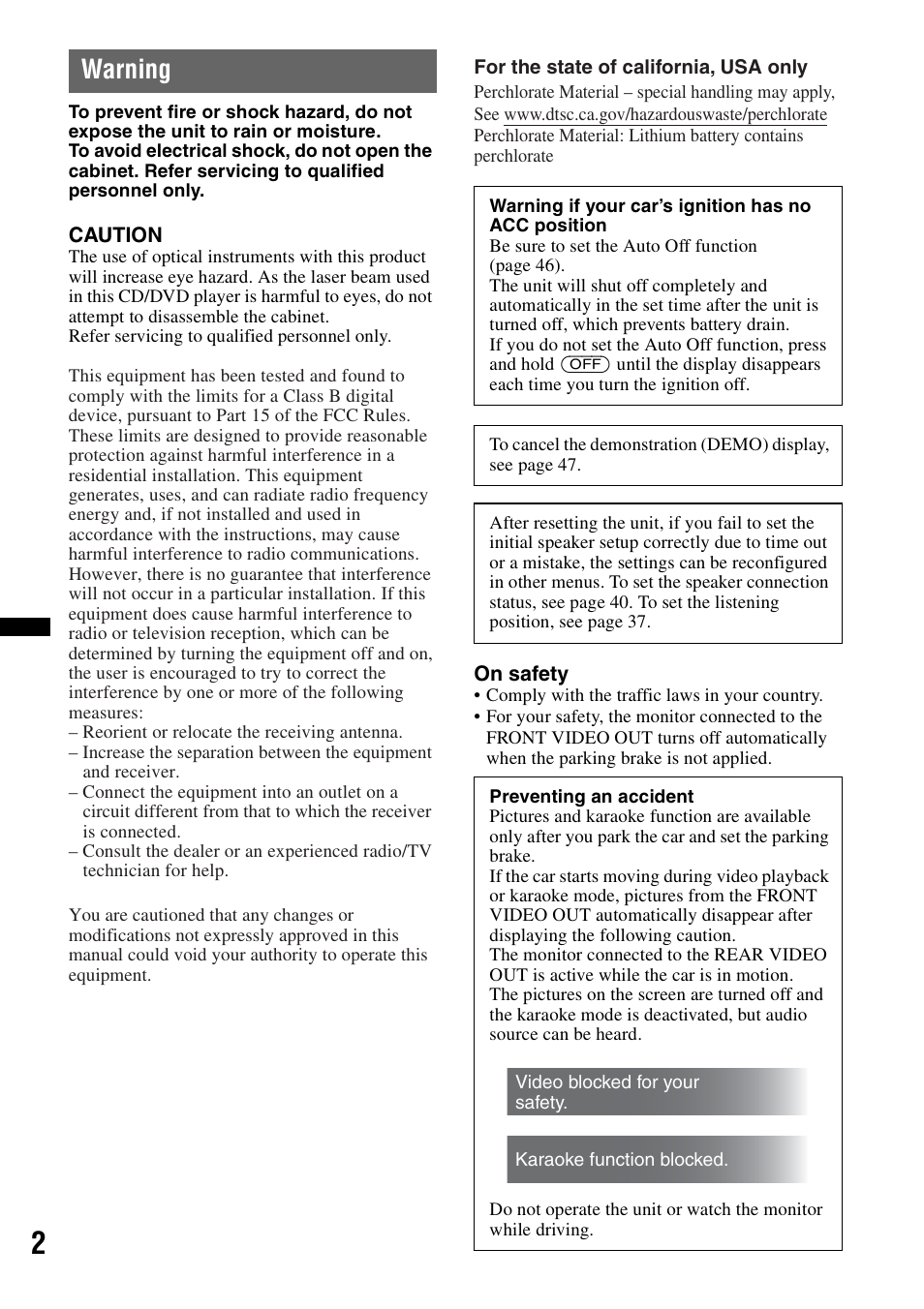 Warning | Sony MEX-DV2200 User Manual | Page 2 / 192