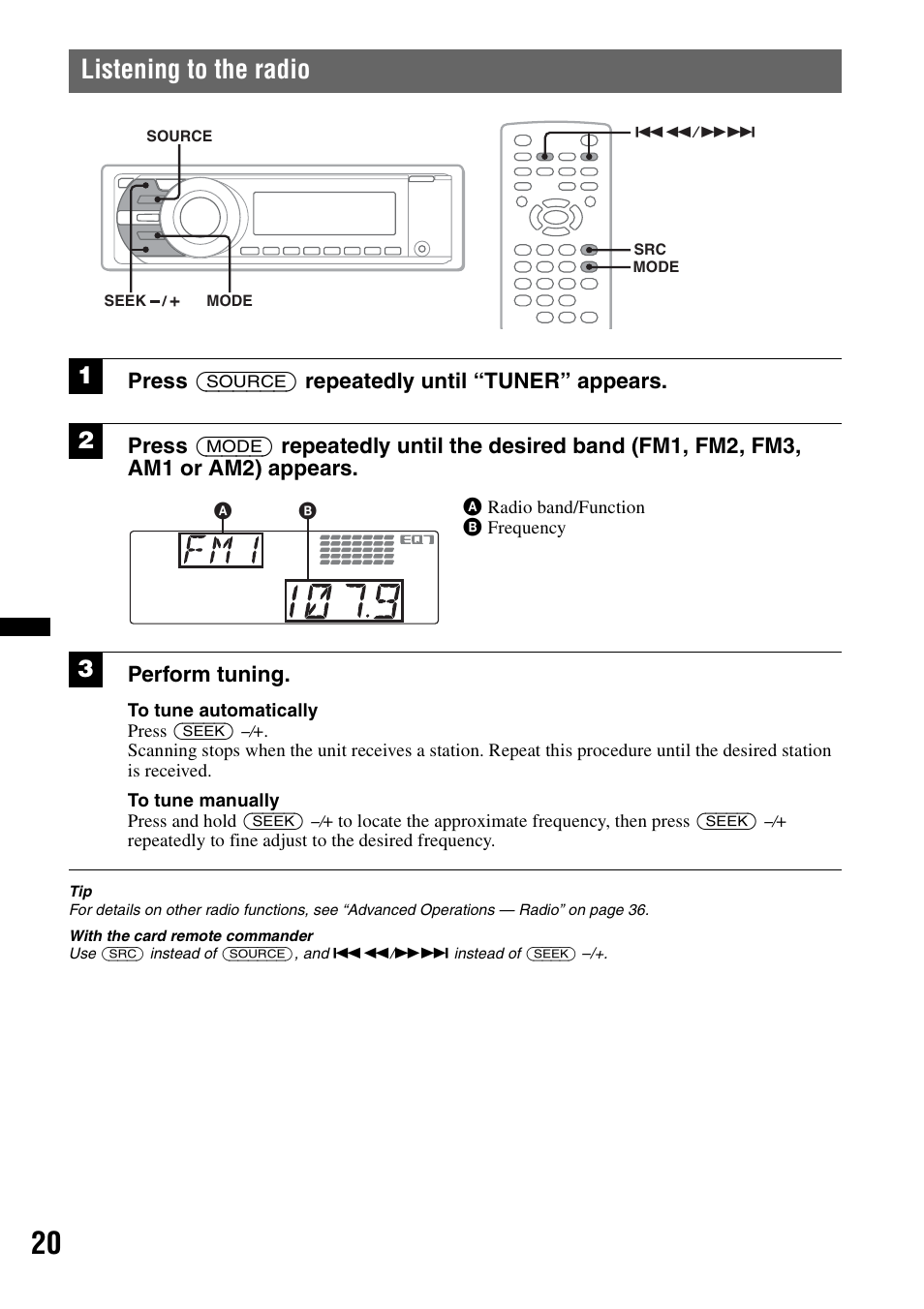 Listening to the radio | Sony MEX-DV2200 User Manual | Page 20 / 192