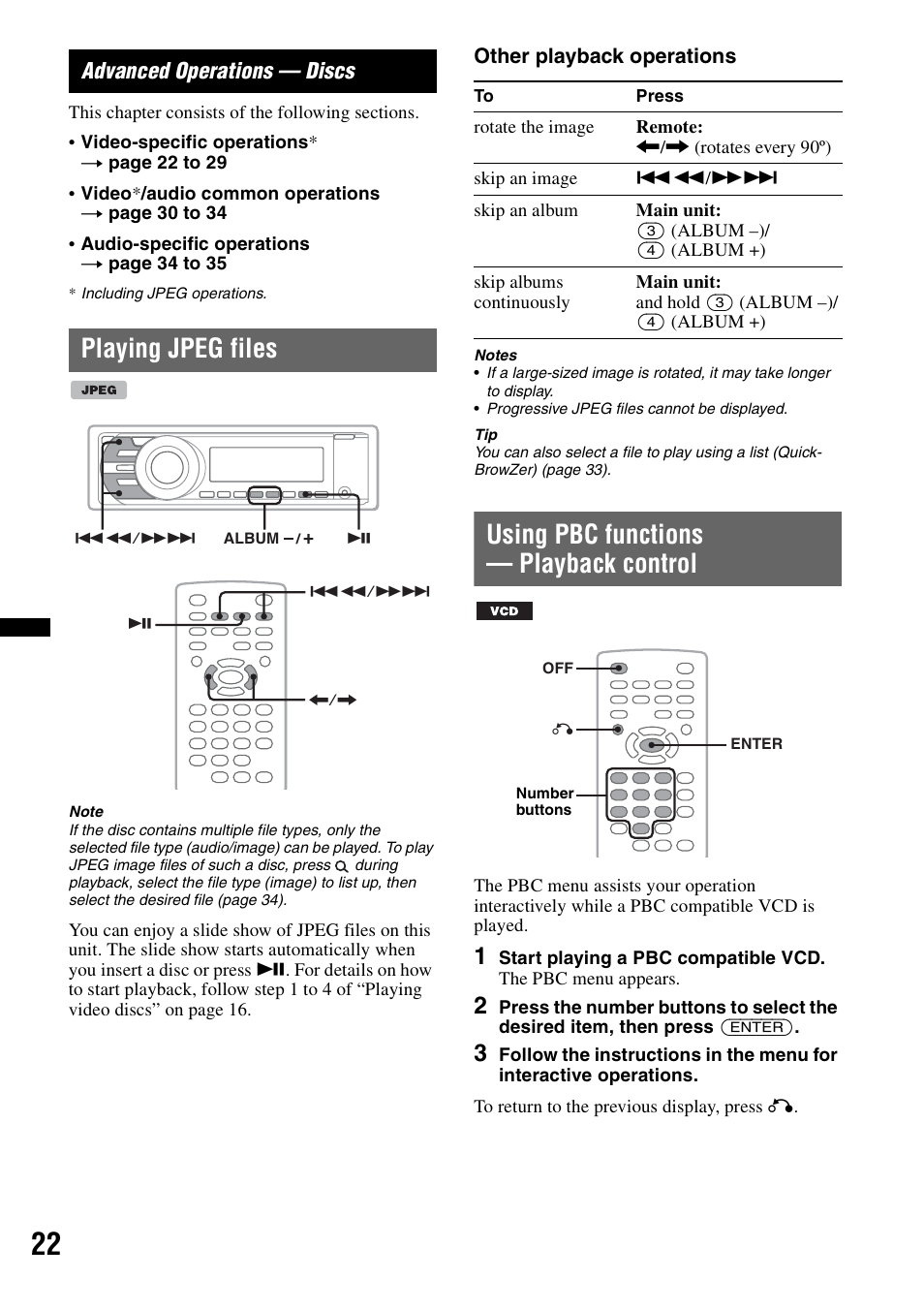 Advanced operations - discs, Playing jpeg files, Using pbc functions - playback control | Advanced operations — discs, Using pbc functions — playback control | Sony MEX-DV2200 User Manual | Page 22 / 192