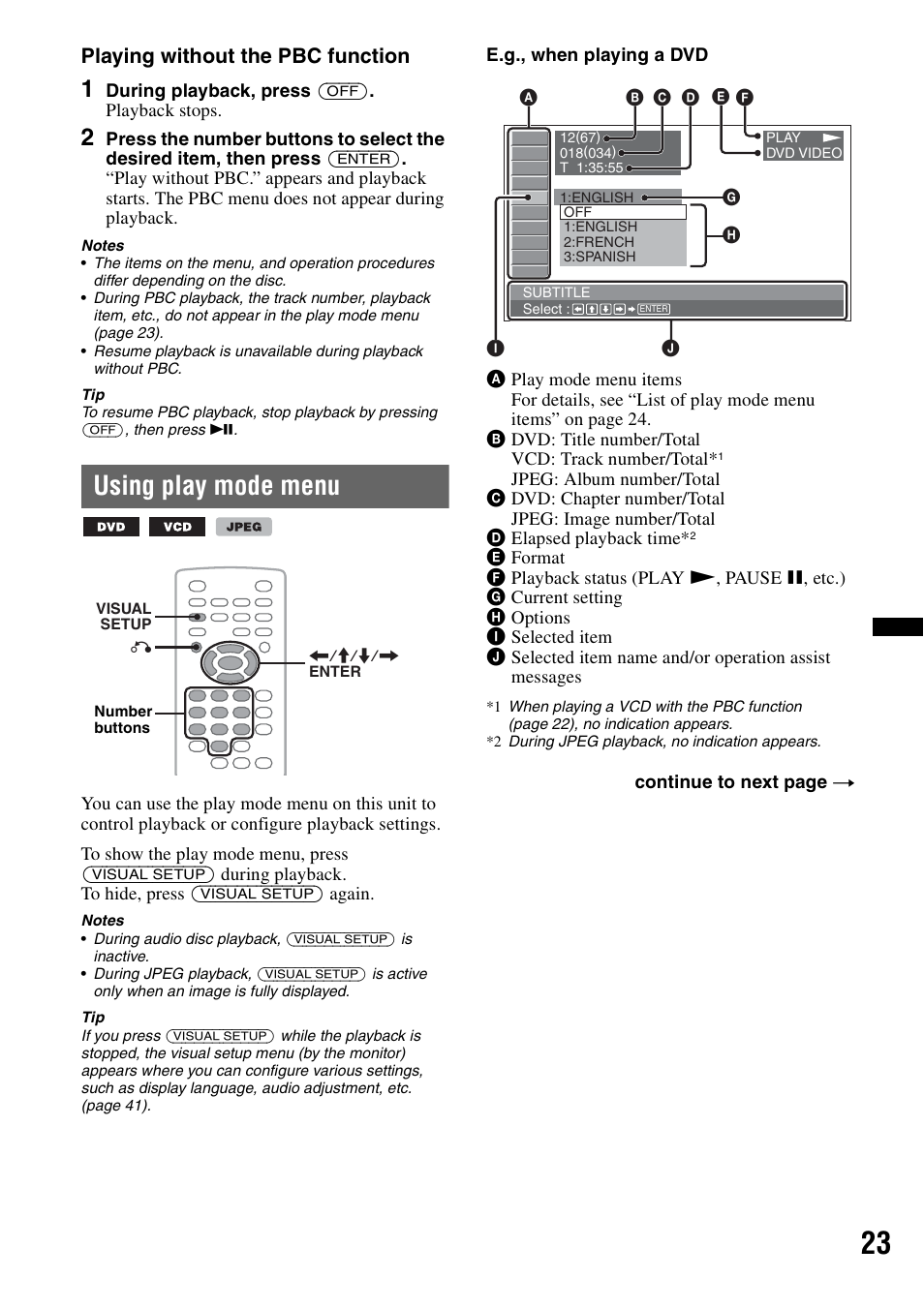 Using play mode menu, Playing without the pbc function | Sony MEX-DV2200 User Manual | Page 23 / 192