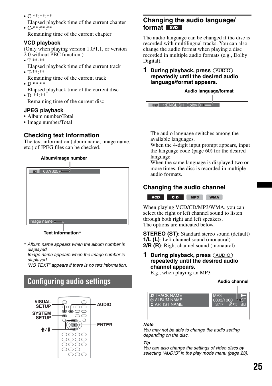 Configuring audio settings, Changing the audio language/ format, Changing the audio language/format | Sony MEX-DV2200 User Manual | Page 25 / 192