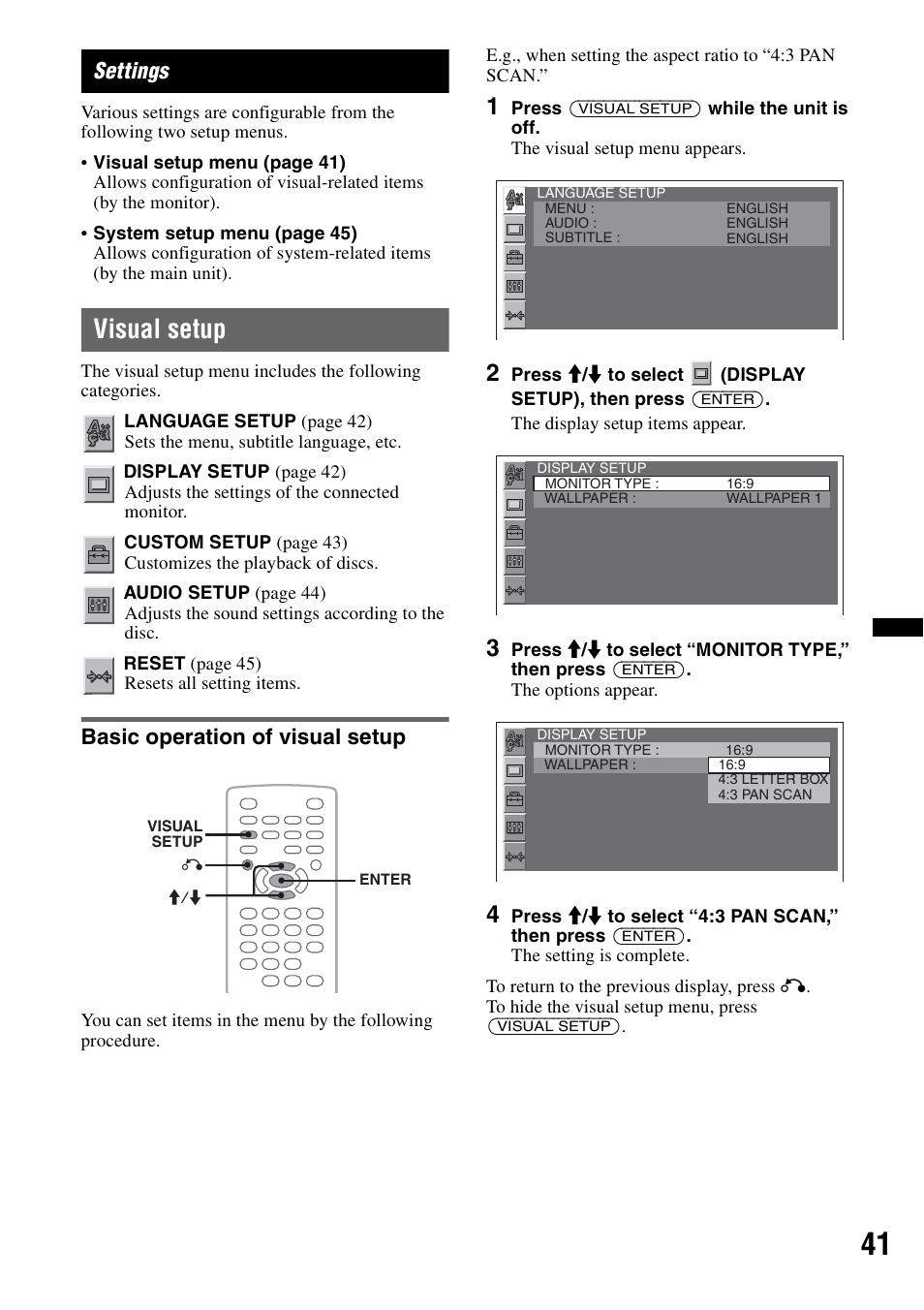 Settings, Visual setup, Basic operation of visual setup | Such as disp | Sony MEX-DV2200 User Manual | Page 41 / 192