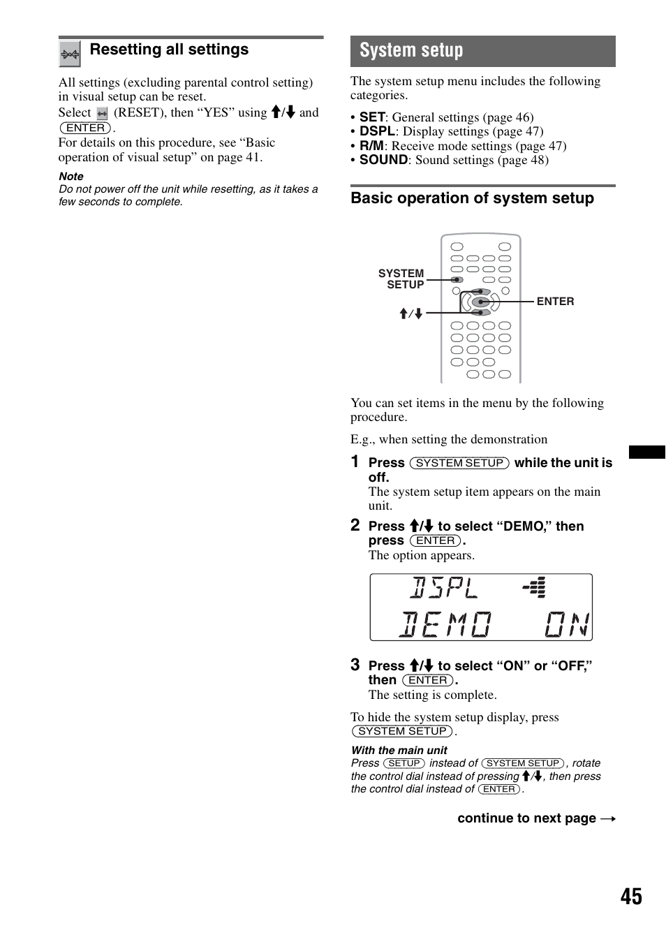 Resetting all settings, System setup, Basic operation of system setup | Ll setting it | Sony MEX-DV2200 User Manual | Page 45 / 192