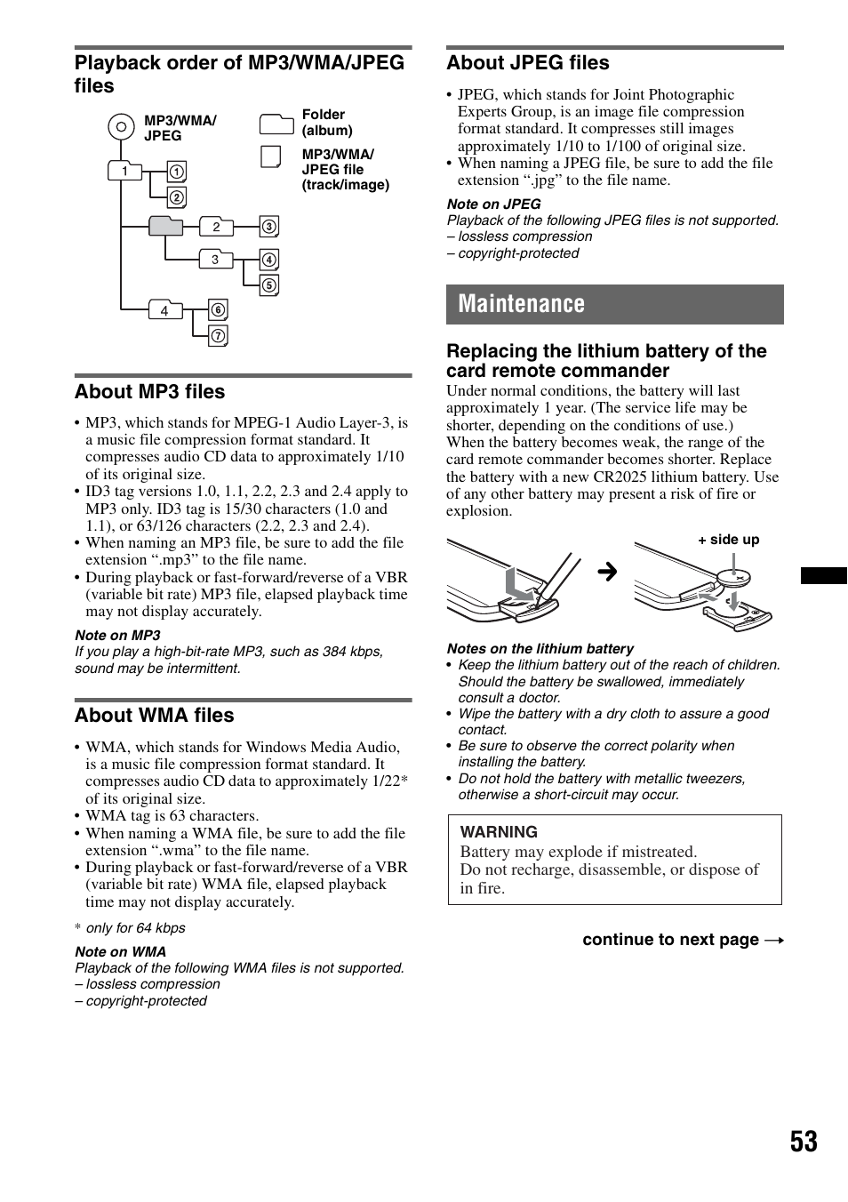 Playback order of mp3/wma/jpeg files, About mp3 files, About wma files | About jpeg files, Maintenance | Sony MEX-DV2200 User Manual | Page 53 / 192