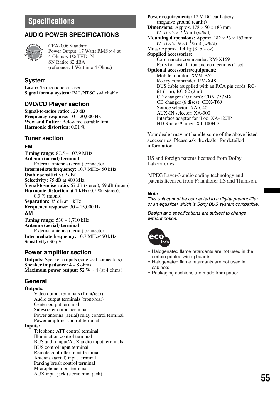 Specifications, Audio power specifications system, General | Sony MEX-DV2200 User Manual | Page 55 / 192