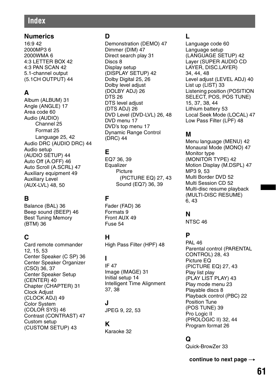 Index | Sony MEX-DV2200 User Manual | Page 61 / 192