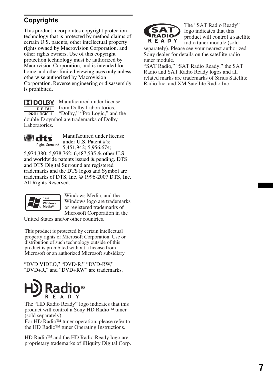 Copyrights | Sony MEX-DV2200 User Manual | Page 7 / 192