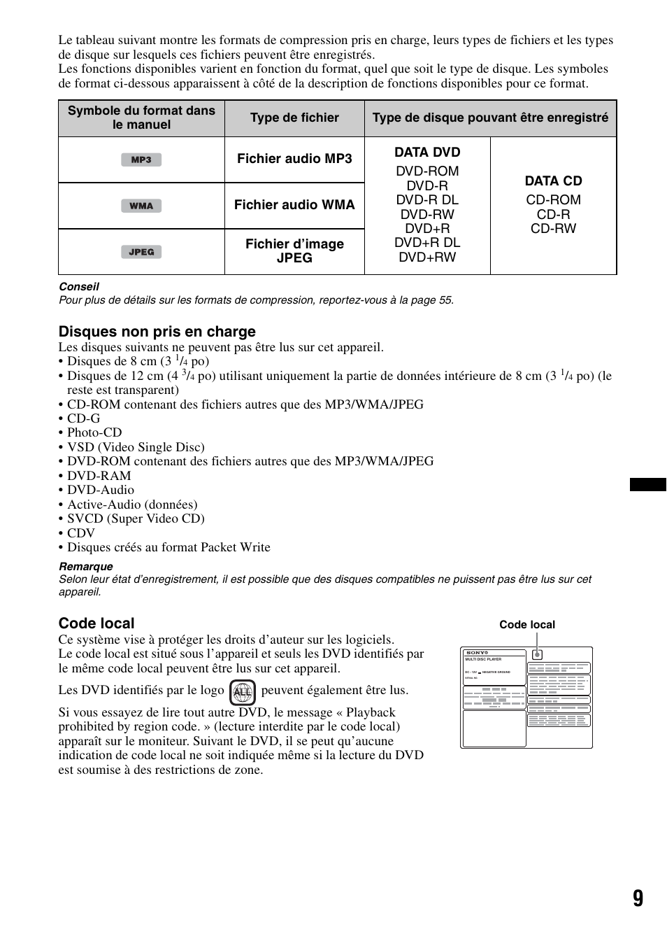 Disques non pris en charge, Code local | Sony MEX-DV2200 User Manual | Page 71 / 192