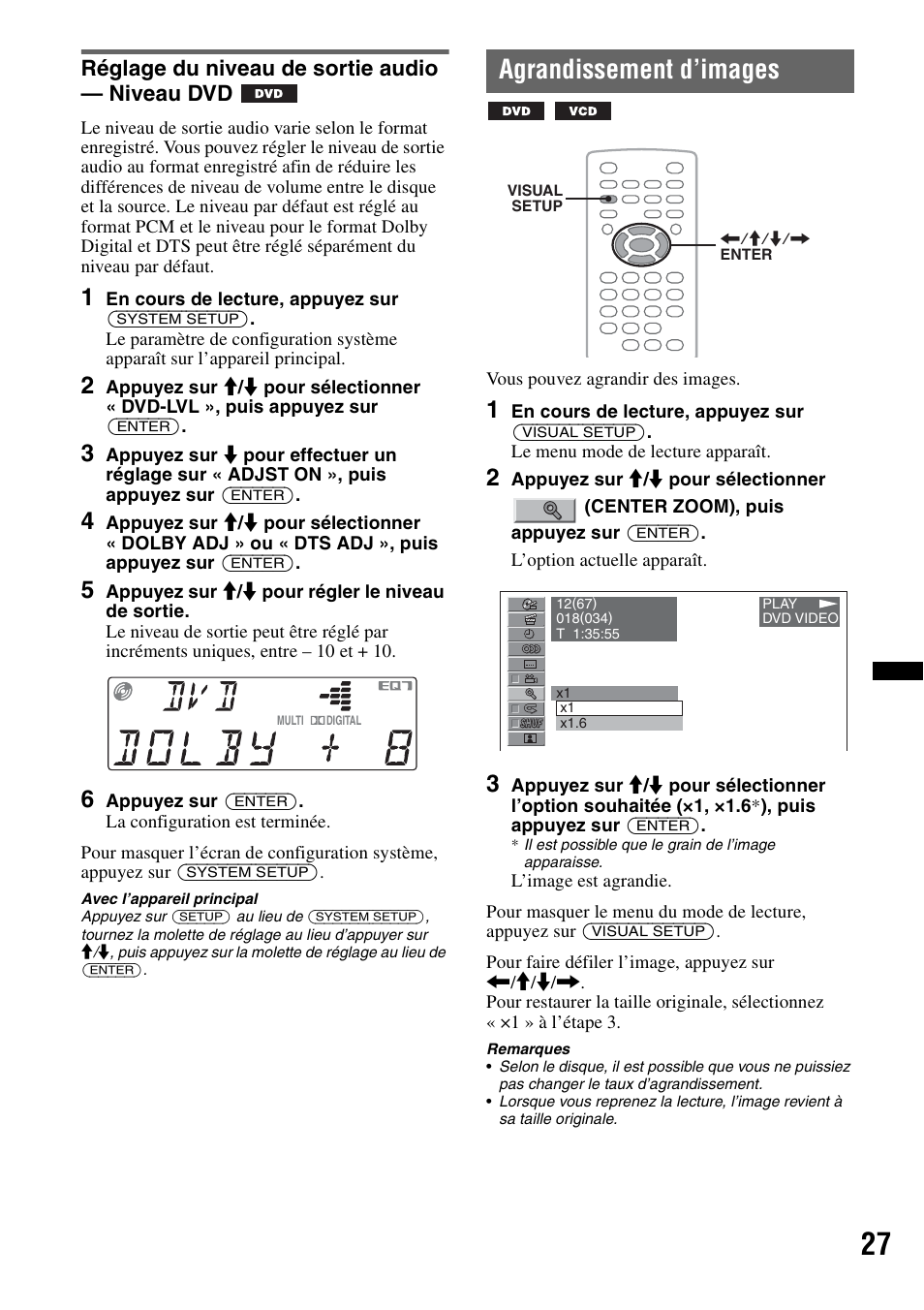 Réglage du niveau de sortie audio - niveau dvd, Agrandissement d’images, Réglage du niveau de sortie audio — niveau dvd | Zoom 27 | Sony MEX-DV2200 User Manual | Page 89 / 192